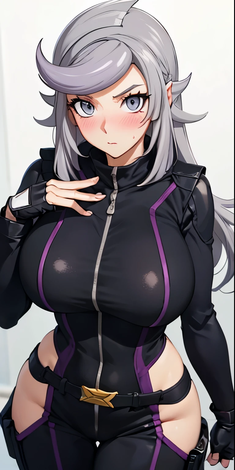 1 Female,High definition,high resolution,Ultra-realistic,8K, 1girl,  (emma_bessho:1.2),  (grey hair:1.2),(  purple hair:1.2),  grey eyes,  low-tied long hair,  (large breasts:1.2),  (wide hips:1.2),  (purple bodysuit:1.2),  (long sleeves:1.2),  pants,  (black gloves,  fingerless gloves:1.2),large breasts,European,sexy,Upper body close-up,Photographed from the front,Dynamic Angles,blush, huge tits,large tits,cute face, facial, sweat,(pov, closed shot:1.2)