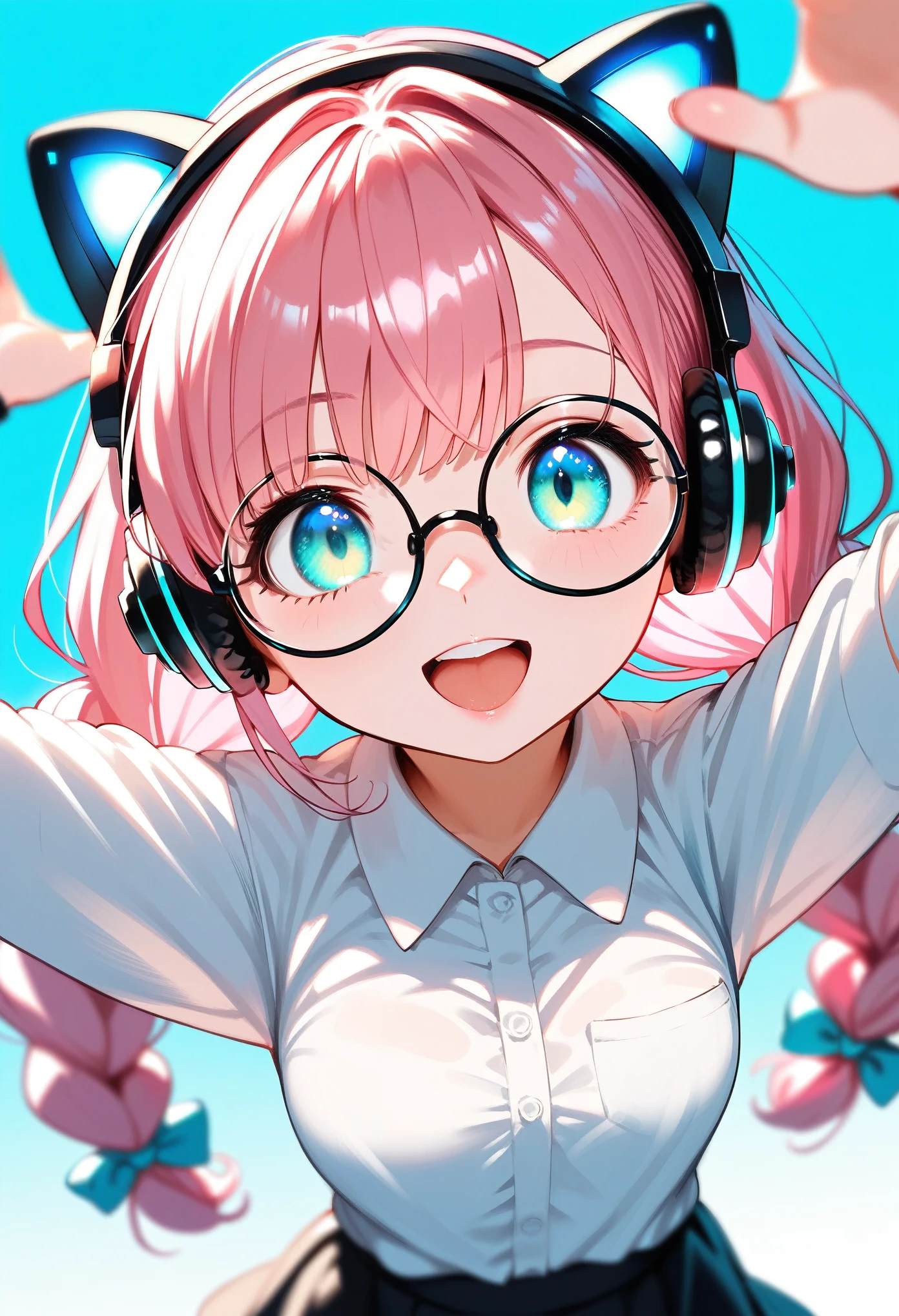  (best quality:1.2), (ultra-detailed:1.2), (2.5D:1.2), (Anime Moe Art Style), 1girl , pink hair,  Cyan eyes, gradient eyes, twin braids, Glowing cat ear headphones, black round glasses, collared shirt, smile beam:1.5, open mouth, arms raised in the air, dynamic angle, front view:1.5, simple background:1.5, pastel blue background:1.5, face focus, from above, cinematic shadows