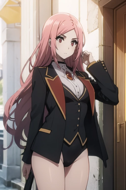 Mary in an elegant leotard, tailcoat, red eyes, rad hair, long hair, front view