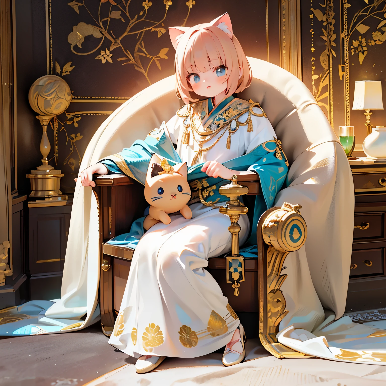 Small mascot character artwork, {{masterpiece、Please redeem、(((Realistic、Realistic:1.37)))、8K quality、Very delicate and beautiful、wonderful、Large file sizes、Very detailed、Very detailed、Cinema Lighting}}、Empty, An elaborately decorated throne, Palace made of cut stone, A room lit by flickering torches, Cat yawning while sitting on the throne,Funny open cat face, Sitting on the throne、As if power meant nothing to him,((Beautiful cat)), ((Beautiful Eyes)), (background: Countless swords displayed on the wall, All facing the same direction, Sword type, Several female staff members, Woman in beautiful Arabian costume, Standing beside the throne, Are you laughing at the cat?、Looks fed up.),