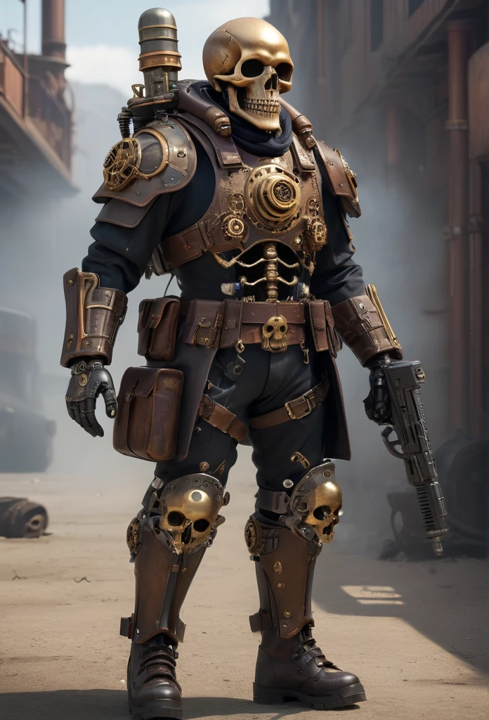 male cyborg soldier, gray iron helmet, human face of a Russian man, has scars on his face, robotic eye, has a very muscular human arm and torso, dirty skin, metal chest with tubes, brown Soviet style military pants with red details, shoulder pads metal, communist symbols, belts with ammunition, metal plates on his legs, he has a robotic arm, tubes and cables surround his body, military boots, reinforced with metal, antenna on his back, he is on a post-apocalyptic totally destroyed city, explosions, lots of fire, dead soldiers, ultra detailed, hyper realistic, battlefield, 4k, ultra detailed image, realistic, highly detailed, perfect composition, splendid, intricately detailed, incredibly detailed, Artistic photography in 8K, hyper detailed, Masterpiece