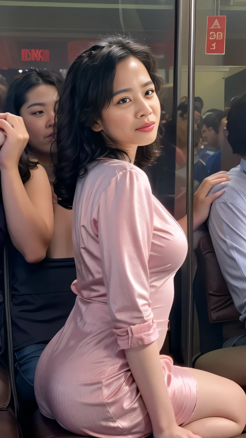 (melhor qualidade, Realistic), A couple enjoying a romantic moment on a crowded train, the wife is crying wearing a transparent, curvy floral dress while oldman jerks her from behind, touch ass, asian woman, ultra big breast, big ass