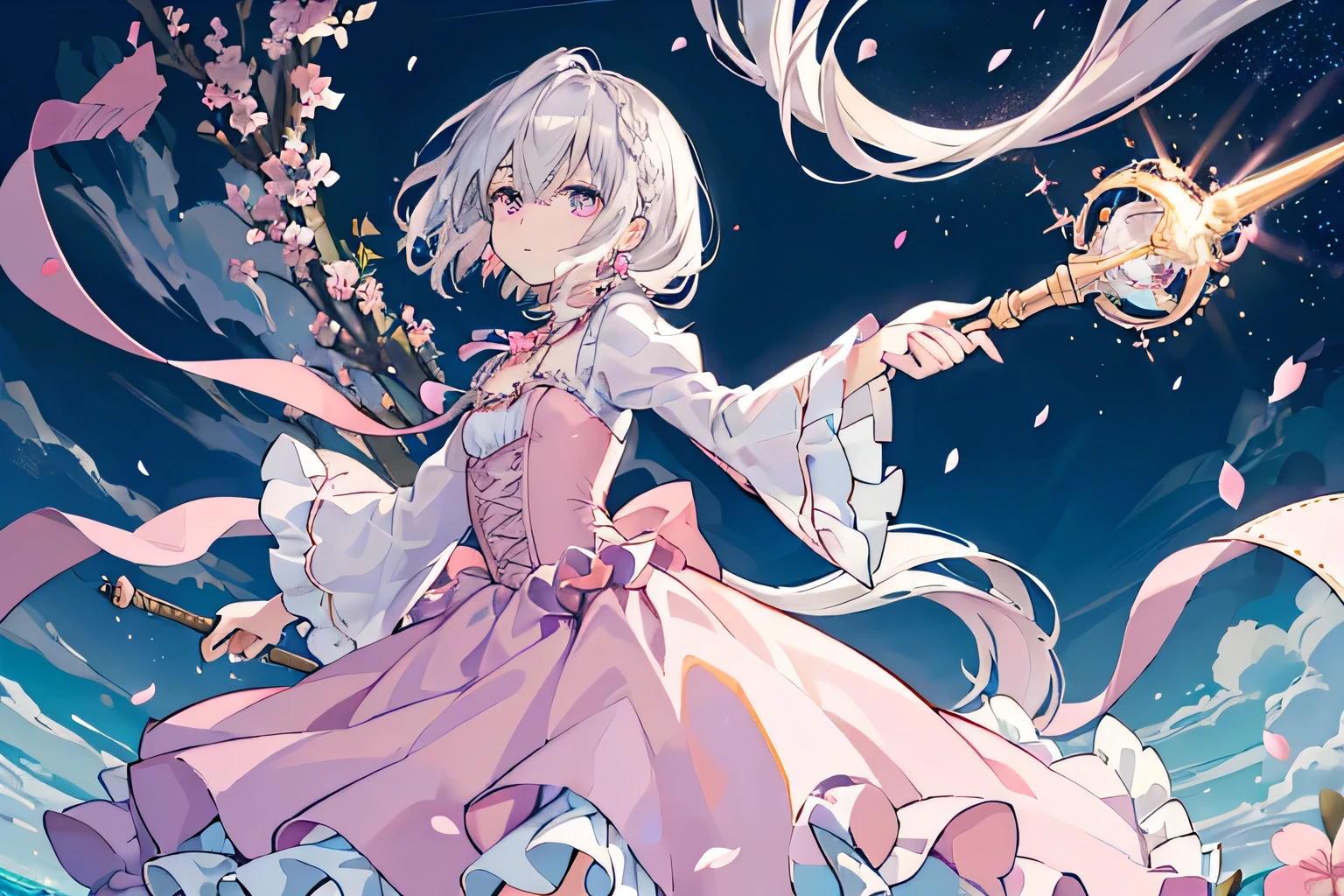 (best quality), (top-quality), (hight resolution), 8K images, (masterpiece), ((perfect face)), (detailed face), (detailed eyes), (clear lines), hair strand,Light skin, ((1girl)), (solo), beautiful fantasy anime, top rated on pixiv, (short hair), (expressive eyes), (perfect eyes), (((light_pink eyes))), perfect face, smile, (white silver hair), (white hair), braided bangs, wind blowing hair, hair over eyes, earrings, {{{{{{{super flat chest}}}}}}}, {{{{{{{flat chest}}}}}}}, (flat chest), (holding a long silver magic scepters), little silver tiara, ((luxurious pink tulle quinceanera dress with lots of frills), (long pink dress), (cherry blossom), crystal sea, vintage style, (tarot cards falling), (broken crystals), (in a gemstone sea), (night sky with full of stars), (magic circles), game spash art, fantasy, modern art, cool light --ar 3:2, (wide shot), excited pose