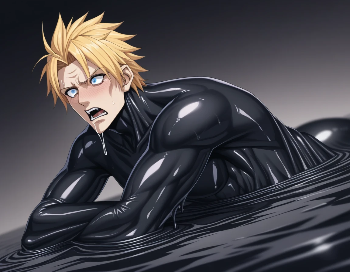 goo transformation, BREAK 1man, solid dude, gallant beau, blonde, tsurime, sanpaku, blue eyes, spiked hair, forehead, 24yo, great muscular, hot wrestler, stocky waist, BREAK high ratio body proportions, handsome, beautiful detailed eyes, toned body, elder chinpira, masculine playboy, wild caucasian, tough yarichin, naughty heroic guy, naked adult, slightly plump waist, sharp eyes, dark iris, forced orgasm, clenched teeth, blush, looking away, facial wrinkles, yakuza face, BREAK solo, lying on back, body stains mixed black swamp, black liquid attack, precum, black goo absorption anal, leg grab, deep penetration, BREAK (soaked with many black goo, tentacles, restrained, BREAK black goo on body, black goo on abs, black goo grab anatomy, bara, black goo cave, black goo pool), BREAK fullbody, dynamic expression, featuring bara, 1990s, in capcom art style, in color comic style, BREAK depth of field, dutch angle, cinematic shadows, cinematic lighting, lens flare, light leaks, texture, absurdres absolutely resolution, extreme all detailed, greatest painting, anime screencap, BREAK masterpiece, best quality, BREAK score_9, score_8_up, score_7_up, source_anime, rating_explicit, score_6_up, score_5_up, score_4_up