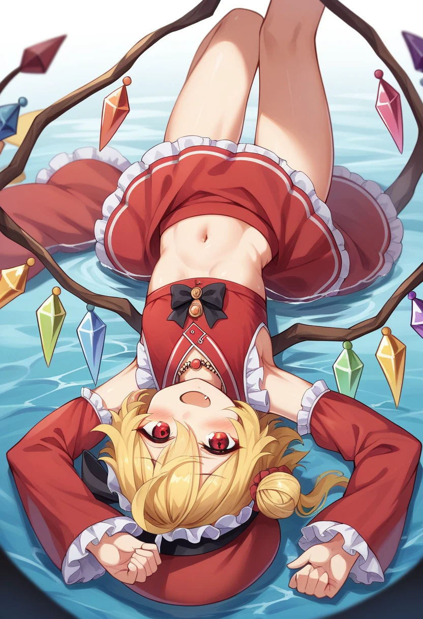 flandre_scarlet, little childish girl water playing, little children, (tiny chest:1.1),smile, exphosed chest and groin , no panties,Sunburn mark ,wet,dynamic water splash ,outdoor,blue sky, nsfw