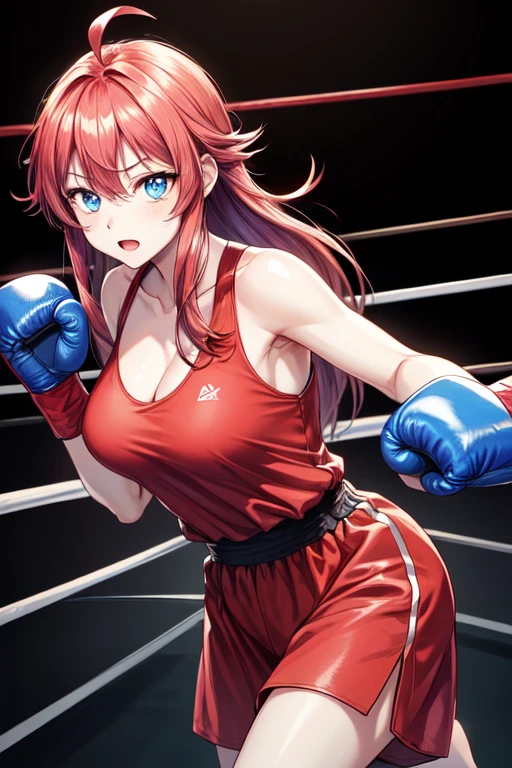 (1**** girl:1.4),(fighter:1.2), (medium hair, side-ponytail),straight hair, dark red hair,dark red eyes, large breasts, (cheeky),((half-closed eyes)),look down, ((She wears (dark red competition swimsuit)), Boxing Gloves, looking at viewer, (((standing))), fighting stance, (wrestling ring),(masterpiece, best quality, 8K:1.3), (ultra-detailed, high resolution:1.2),(illustration),((an extremely delicate and beautiful)),(detailed background),
