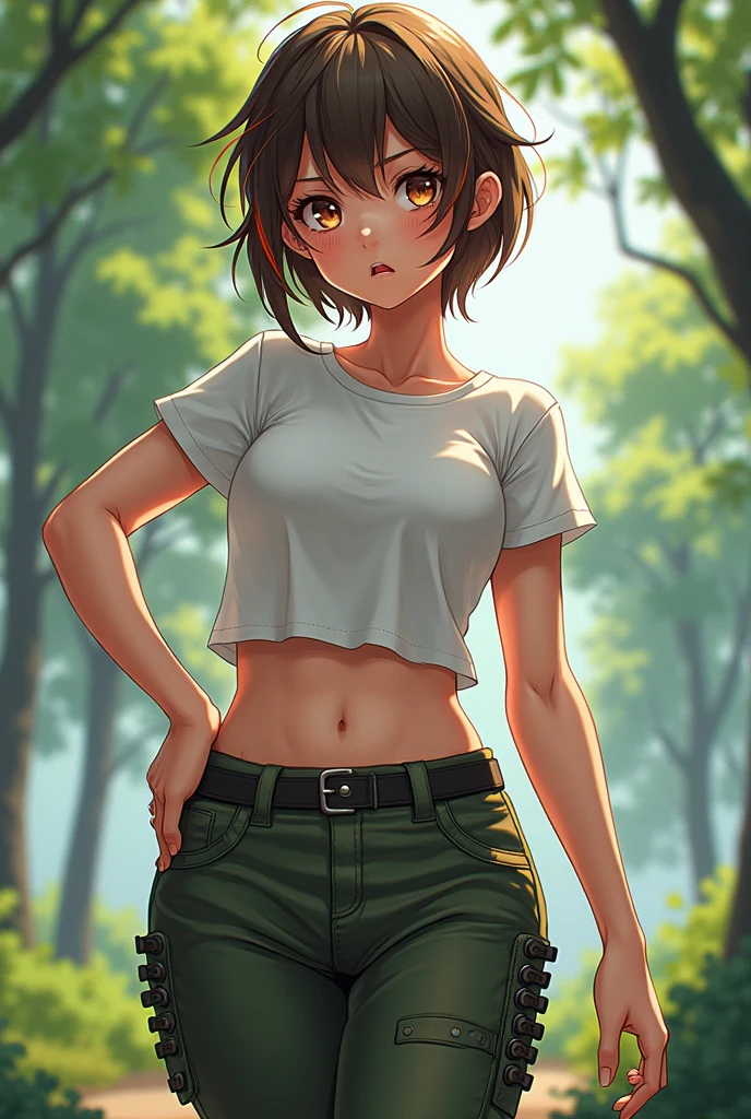 realisti, Woman in the forest and the sun, 20 yo woman, ((shapely body)), beatiful face, ((detailized face)), Short Hair Hair, beautiful hairstyle with two small braids, Dark brown hair, Gold Hair Studs, green colored eyes, bare thighs, ((long torn shirt)), ((bare breast, Nipples Exposed, )), ((You can see the chest, You can see the nipples, Visible vagin)), looking at the camera,