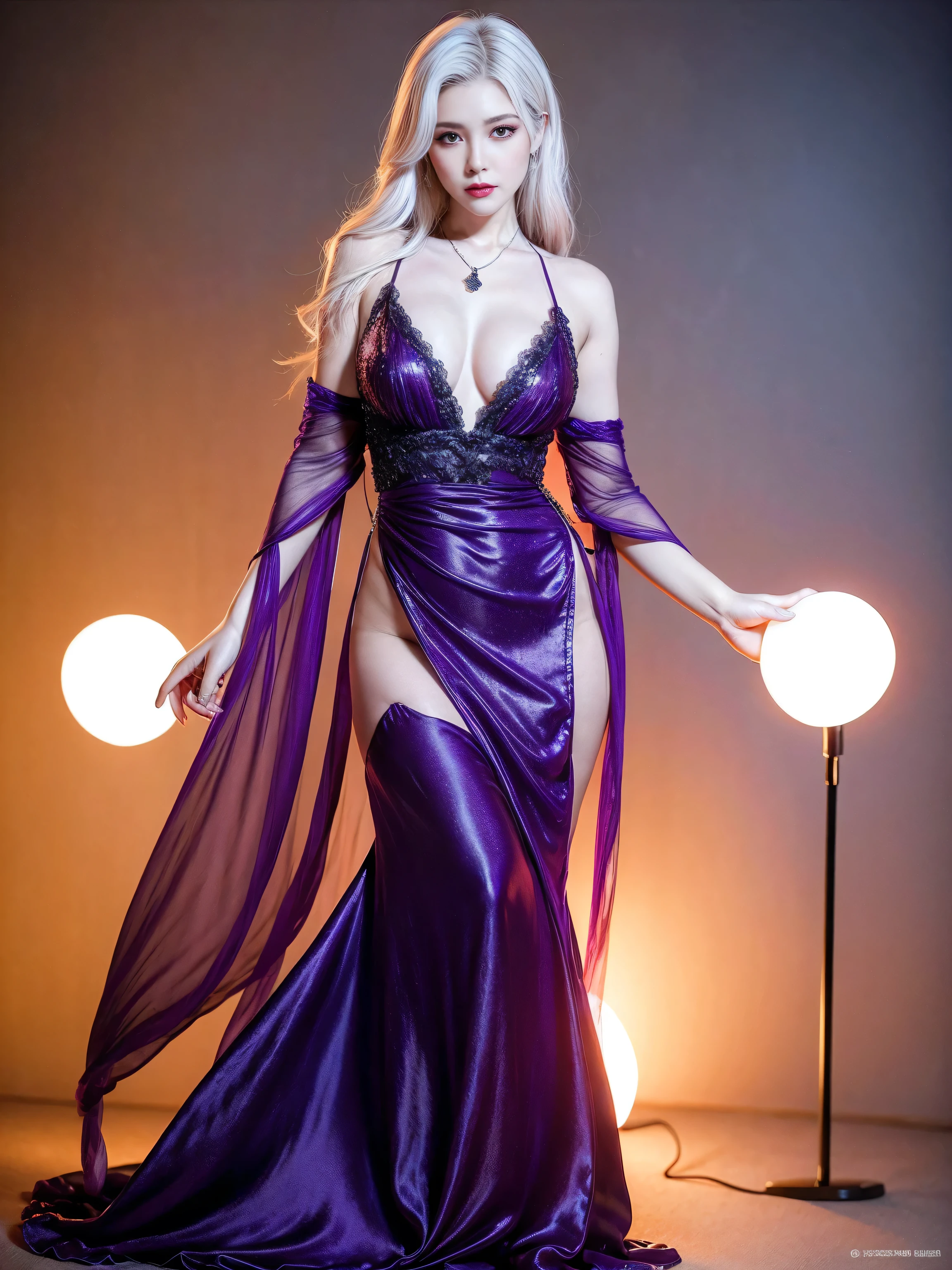 1girl, solo, mature female, milf, succubus, white hair with black highlights, deep violet eyes, smooth pale skin, statuesque and voluptuous body, intricate arcane tattoos, discreet piercings, tall and elegant, wearing a luxurious and seductive outfit, elegant and wise, standing in a richly decorated room filled with ancient books and herbs, natural light, powerful and commanding expression, master of dark magic, enchanting presence, mystical and otherworldly atmosphere, horns, a devil tail.