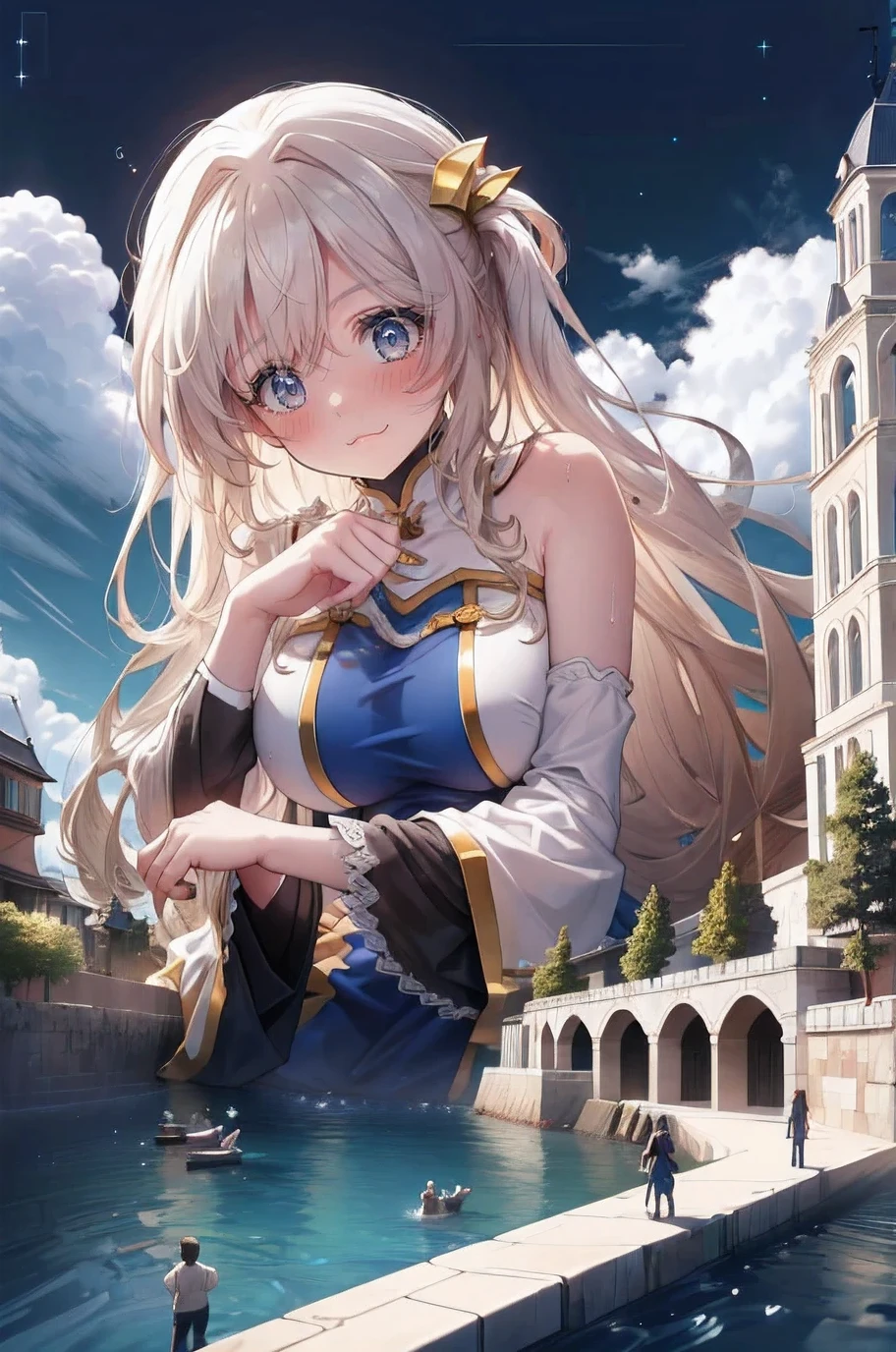 High qualityHigh quality、8ｋ、Fantastic、Fantasy World、Medieval European town、Fisheye Lens、Embarrassed、Looking at the camera、((((Super huge breasts))))、Plump thighs、Sweat it out、Chest、Rubble Ruins、(Nipples:1.2), (beautiful mature woman: 1.2), Very detailed, beautiful, Drawn by a professional, Bright sky, Shiny detailed chest, (perfect beautiful skin), (tiny villages of people on a cliff in front of a giant breasts: 1.2), (a tiny village on a tiny hill in front of the breasts of a giant: 1.2), a giant looming over a tiny village on a tiny hill, (The little adventurers: 1.1), (少女の目の前の小さなA small village on the cliff: 1.1), (A small village on the cliff: 1.1), giant girls in the background, Simple Background, (Dark Deep Forest:1.1), giant girls in the background, Multiple Girls, (giant:1.1), Small breasts, (foreshortening:1.2), (giant:1.2), Laugh proudly, Sitting, hills, cliff, Mountain々, (Sweaty:1.2), A faint smile, Medieval dress