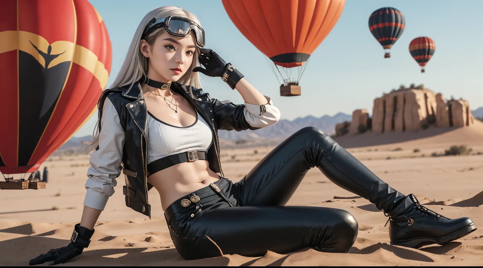 girl, sexy steampunk, crop top, (tweeny, cute:1.8), (breasts:1.2), shorts, welding goggles, long hair, looking at viewer, choker, navel, thighs, gloves, sharp focus, desert, air balloon, blurry background, bokeh, white hair, black parts, red eyeshadow, black lipstick, white aristicratic jacket, black tight pants, golden elements, red elements, super details, best quality, manipulator, dominator, highleg strap,