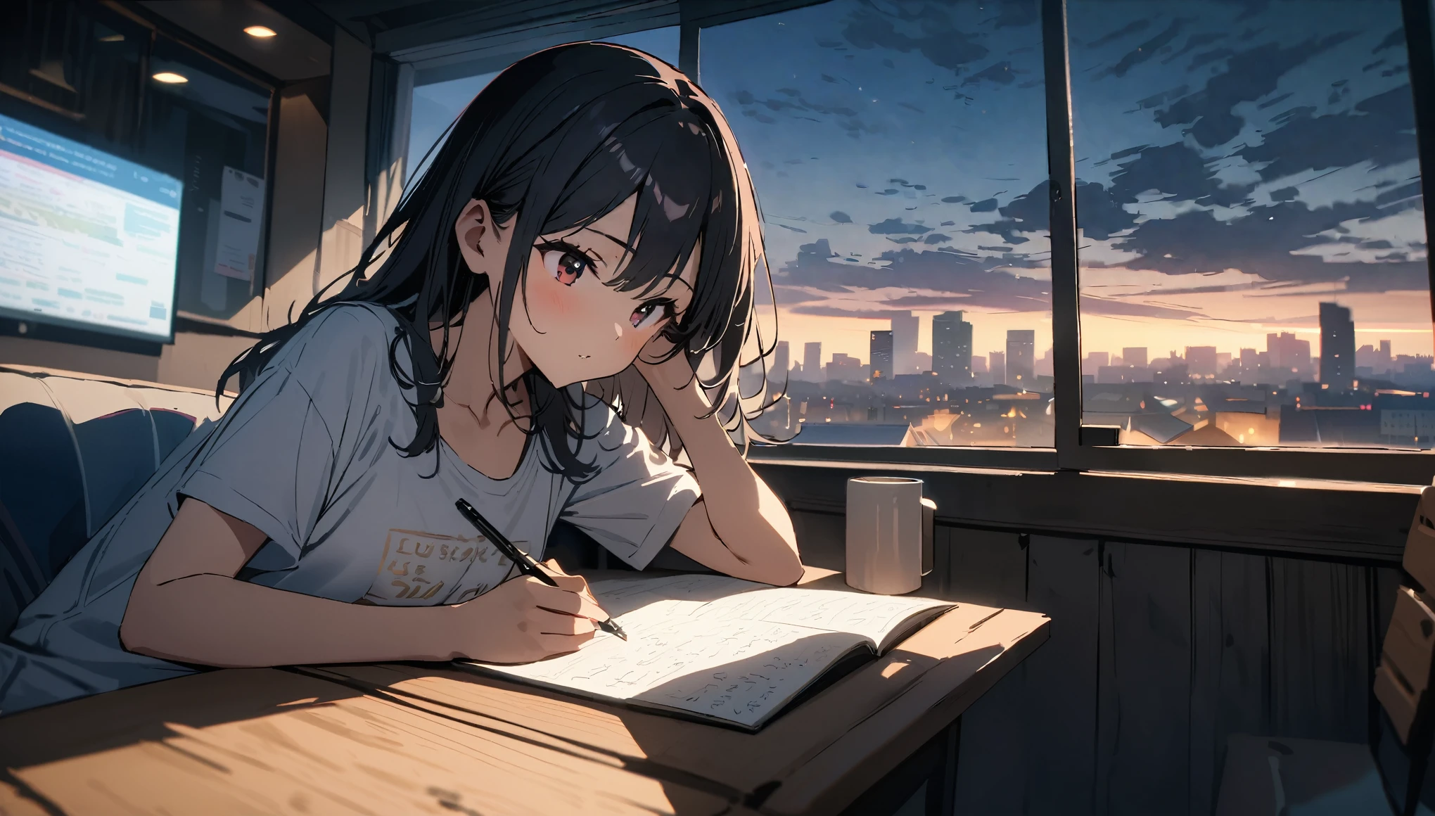 Beautiful female college student, By the window, Note,Noteを見つめる, Cafe, Window leading to the white desk, City view, High places,  Overlooking the cityscape, Note, Holding a pen and a mug,, Black Hair, Lounge wear in the middle of summer, ((Skin on the side)), Intellectual atmosphere, Lighting, Knowledge, scholarship, learning tools, enthusiasm, Quiet environment, enthusiasm, Immersion, curiosity, Research,　concentrated, sense of achievement, cinematic Lighting, Sony FE GM, masterpiece, Highest quality, 4K, Academic atmosphere, (masterpiece), (Highest quality), Ultra-high resolution, Sharp focus, Beautiful detailed hair
