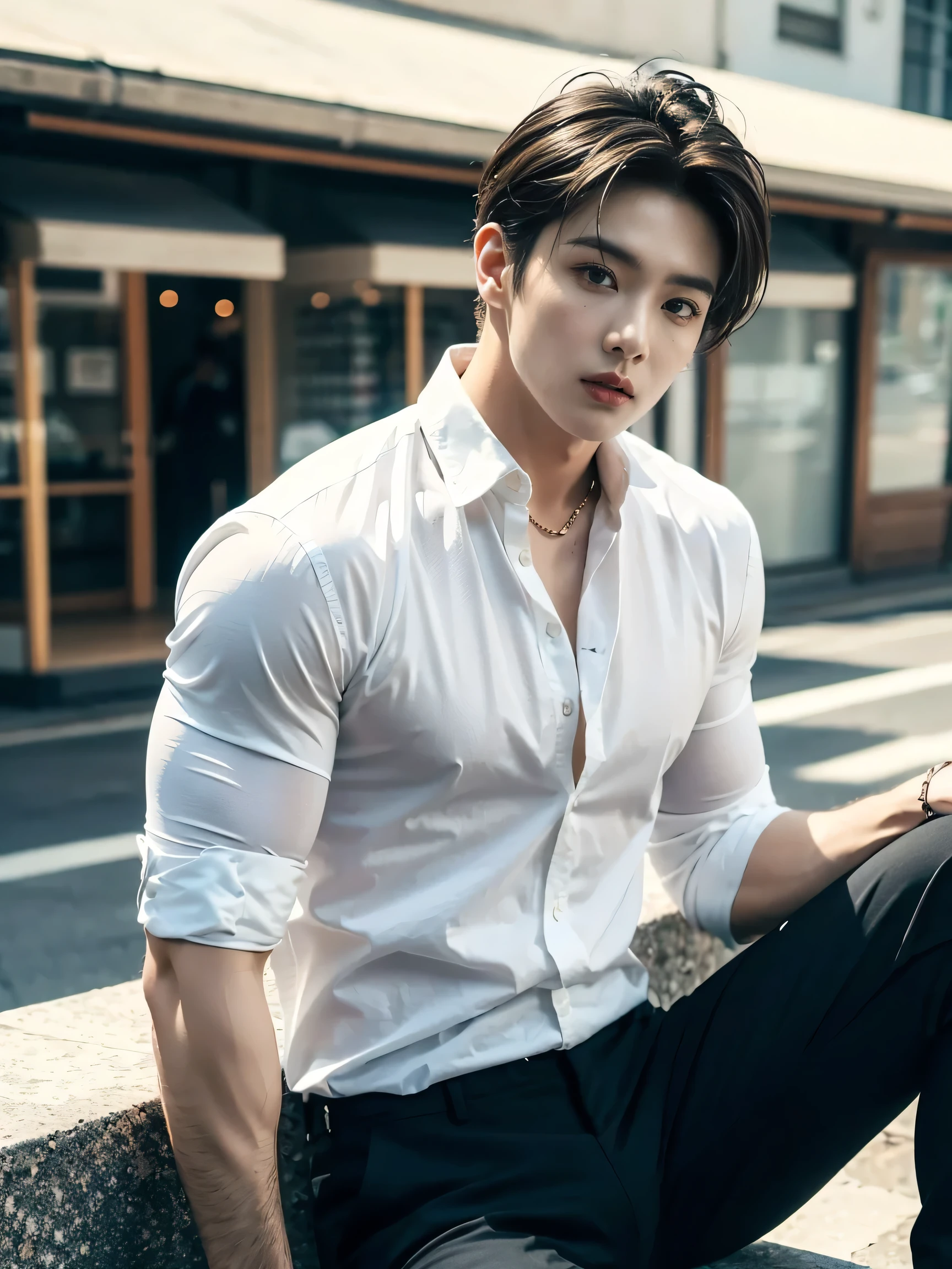 A Yung man, handsome, with a sexy body, stylishly dressed,Wearing a shirt and black cotton trousers, outdoor , sitting,Strong figure, fashionable clothing model, multi-layered outfits,He is shooting for a fashion magazine,muscular man，shirt, In a pure white studio