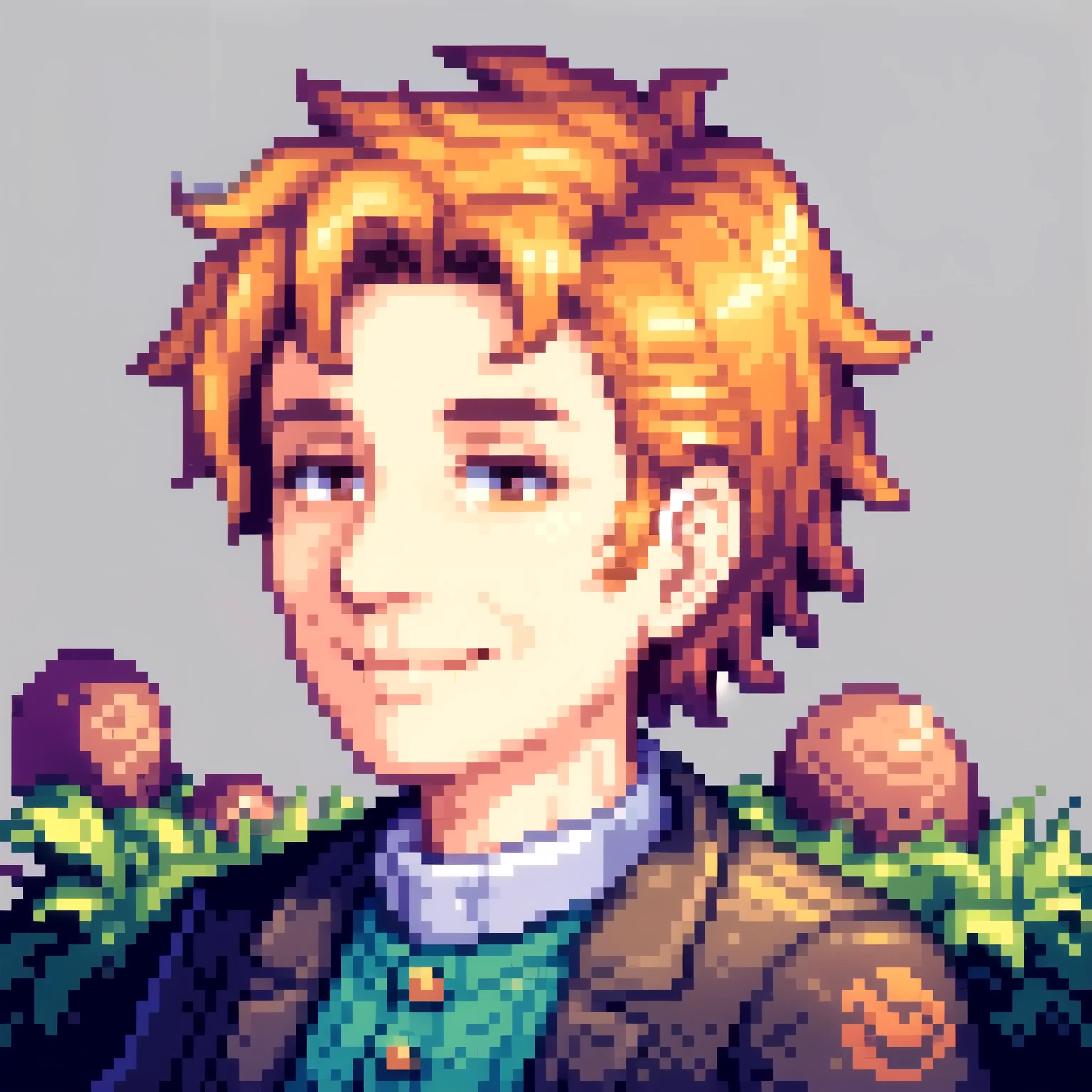 ((64bit pixel-art portrait)) of man in his mid-50s with mid, messy ginger hair. He wears an old-fashioned brown suit, His face is kind, with sharp but gentle features, deep-set eyes filled with wisdom, and a subtle, knowing smile, ((stardew valley like portrait)) 