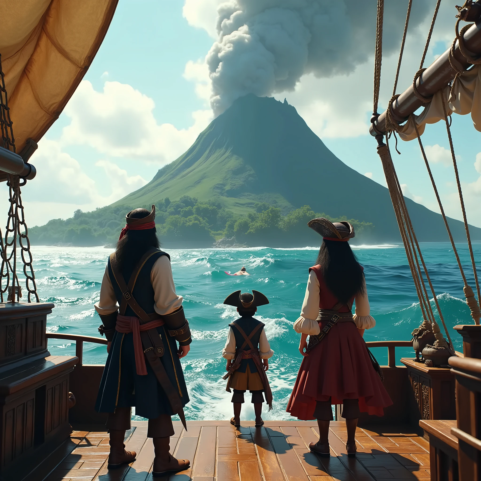 Pirate crew of 10 girls, Ultra HD quality, 4 men among them, very high quality extra fine, Distinguished clean suit going with their crazy personality quality 1.4, pirate flag skull two swords and a pierced heart, very high definition and quality, many details, apparent sea, boat on water, sunset, transparent moon coming