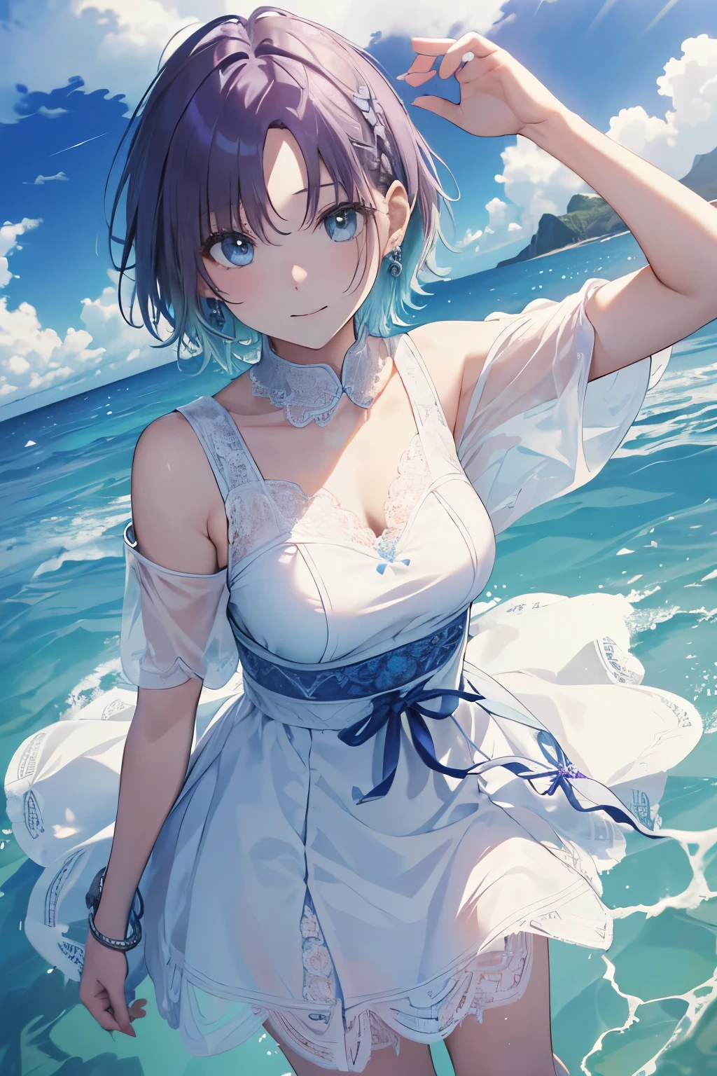 ＜Promoting quality improvement＞
((One girl)),Sexy Body,(((Perfect hands,Perfect ???????))),(masterpiece:1.1), (Highest quality:1.1), ((Beautiful attention to detail: 1.6)),Small eyes,((Highly detailed face,Perfect Face)),(Great Skin),Browsing Caution,
＜Character appearances、背景とOther prompts＞
(((Toru Asakura, Blue Hair, Earrings, Gradient Hair, Multicolored Hair, Parted bangs, Purple Hair,short hair,Shine髪,))),
Breaking the average chest size, blush, A light smile, Lips parted, Shine, fork, shoulder, clavicle, Loose waist, (Sunbeam, sunlightがShine, Cleavage, Browsing Caution, sweating, water) Wet, 白いビキニwater着
＜Expressionless、Enlighten、Other prompts＞
Often light,Rim Light,Side light,
Watch your audience and take a break,Captivating smile Blake
(Sunbeam, sunlight, Wind, Beach, coastal),