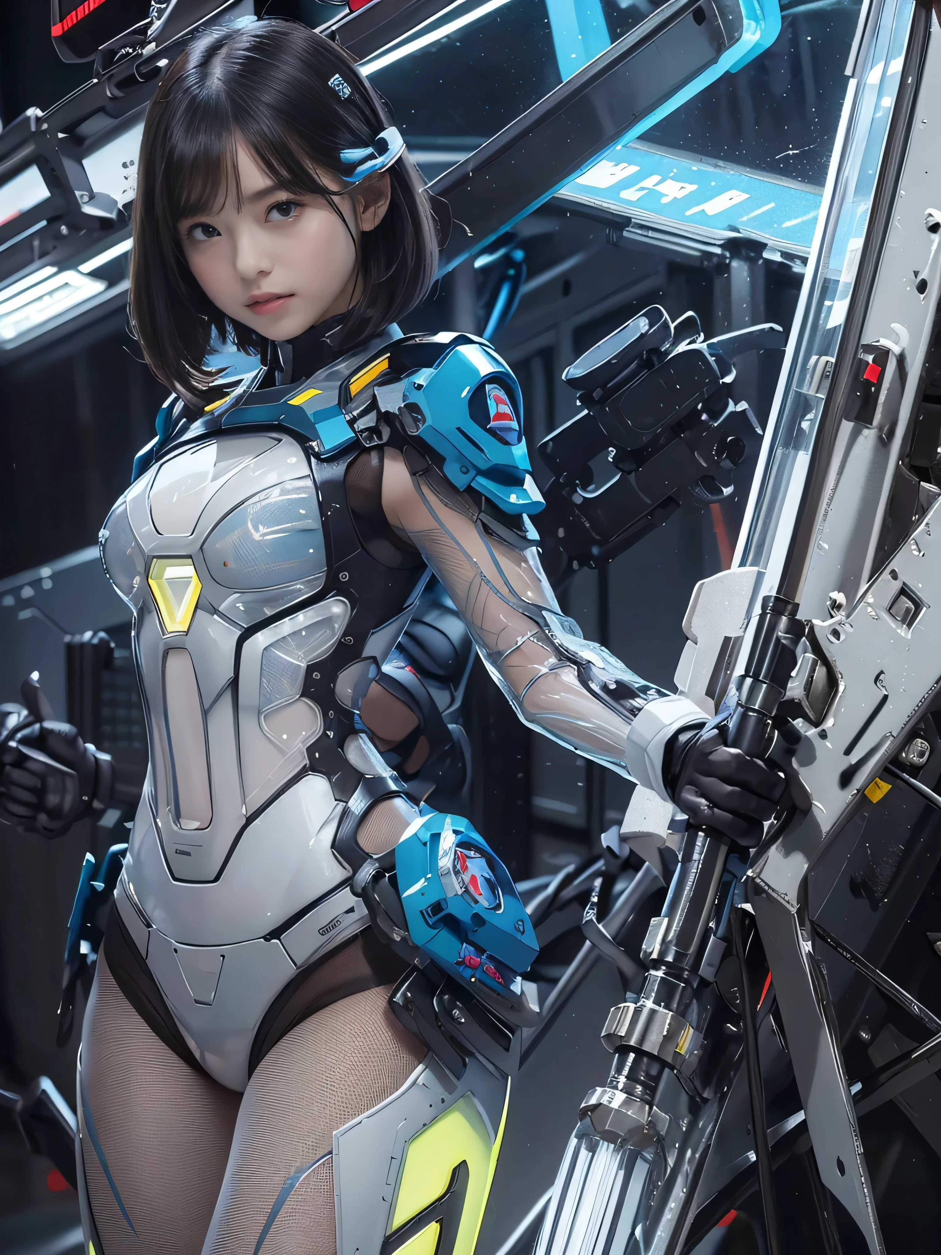 (RAW quality:1.4), One Girl, Japanese, 14 years old, Textured skin, (Sky blue shiny short hair:1.4), Very detailed, Advanced Details, high quality, 最high quality, High resolution, 1080p, hard disk, beautiful,(Gundam),Beautiful cyborg woman,large body,((Wearing Futuristic Transparent Reinforced Plastic Machine Parts。:1.4)), Nipples covered with transparent mechanism, Mechanically protected front groin, (Exposed lower abdomen:1.4), The bare skin of the large body is exposed., large body naked, Perfect Proportions, Great tit, (He carries a lot of weapons on his back..:1.4), folded building background, City in flames, (The blue LED on the bust top glows strongly:1.4), Biologically correct, pubic_hair,