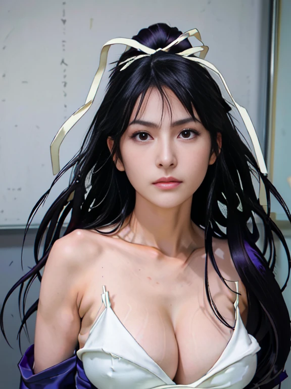 Only one female, Mature Woman, Full body portrait /(The model is Kaori Kanzaki/), /(Long black purple hair, The face is slightly long and the eyes are narrow., Detailed face/) Fluffy eyelashes and thick eyeliner, Serious but shy expression。 (Top quality masterpiece:1.2) Delicate illustrations, super detailed, Large Breasts、Fallen angel erotic maid outfit。Waiting for orders。