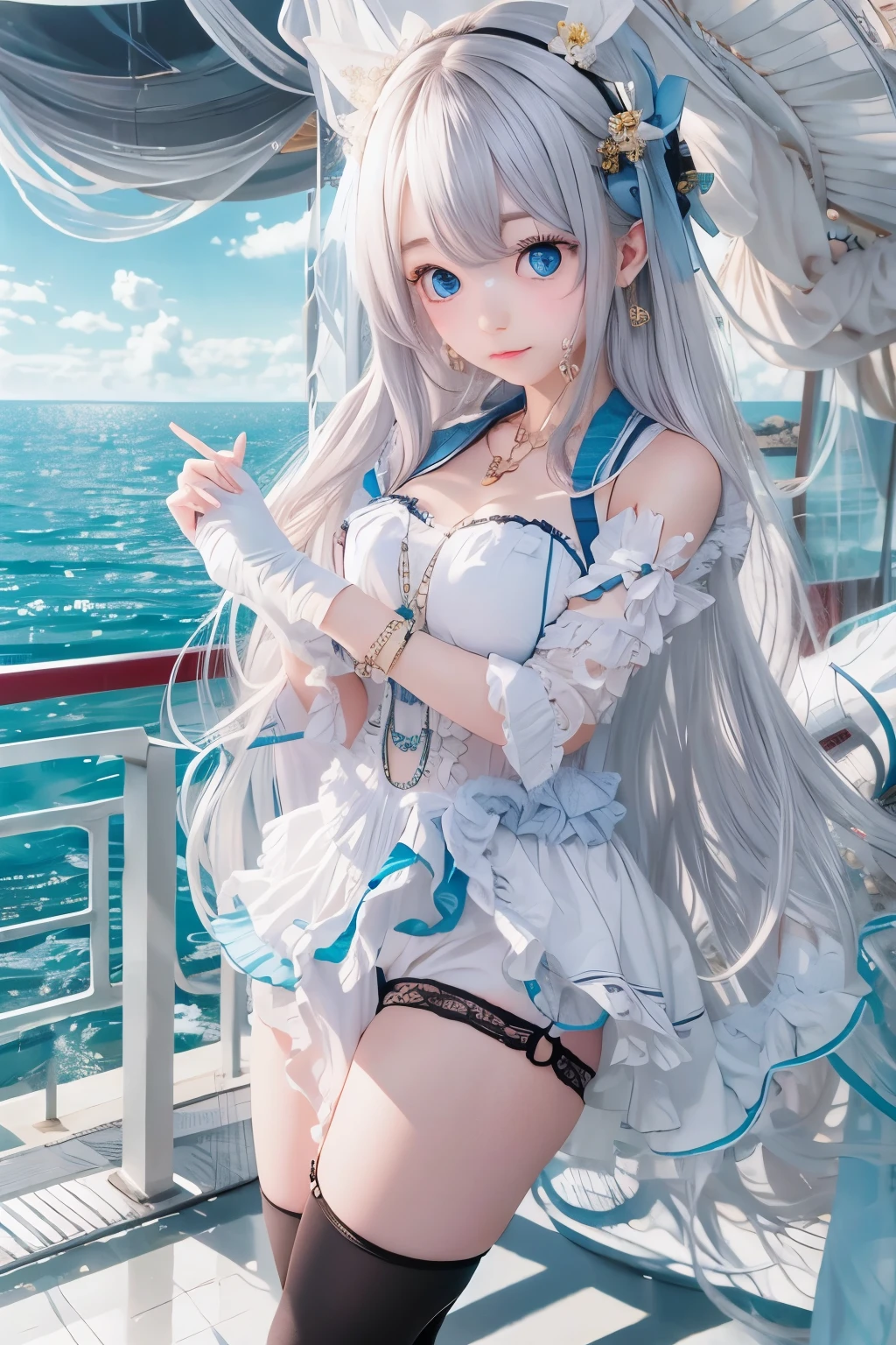 detailed face, cute face,brown eye, ((highest quality)), ((masterpiece)), ((1 girl)), alone, ferry, ((long hair)), ferryBase, ((Thighhighs)), bare shoulders, ((jewelry)), ((No sleeve)), white dress, blue skirt, ((gloves)), thigh height,