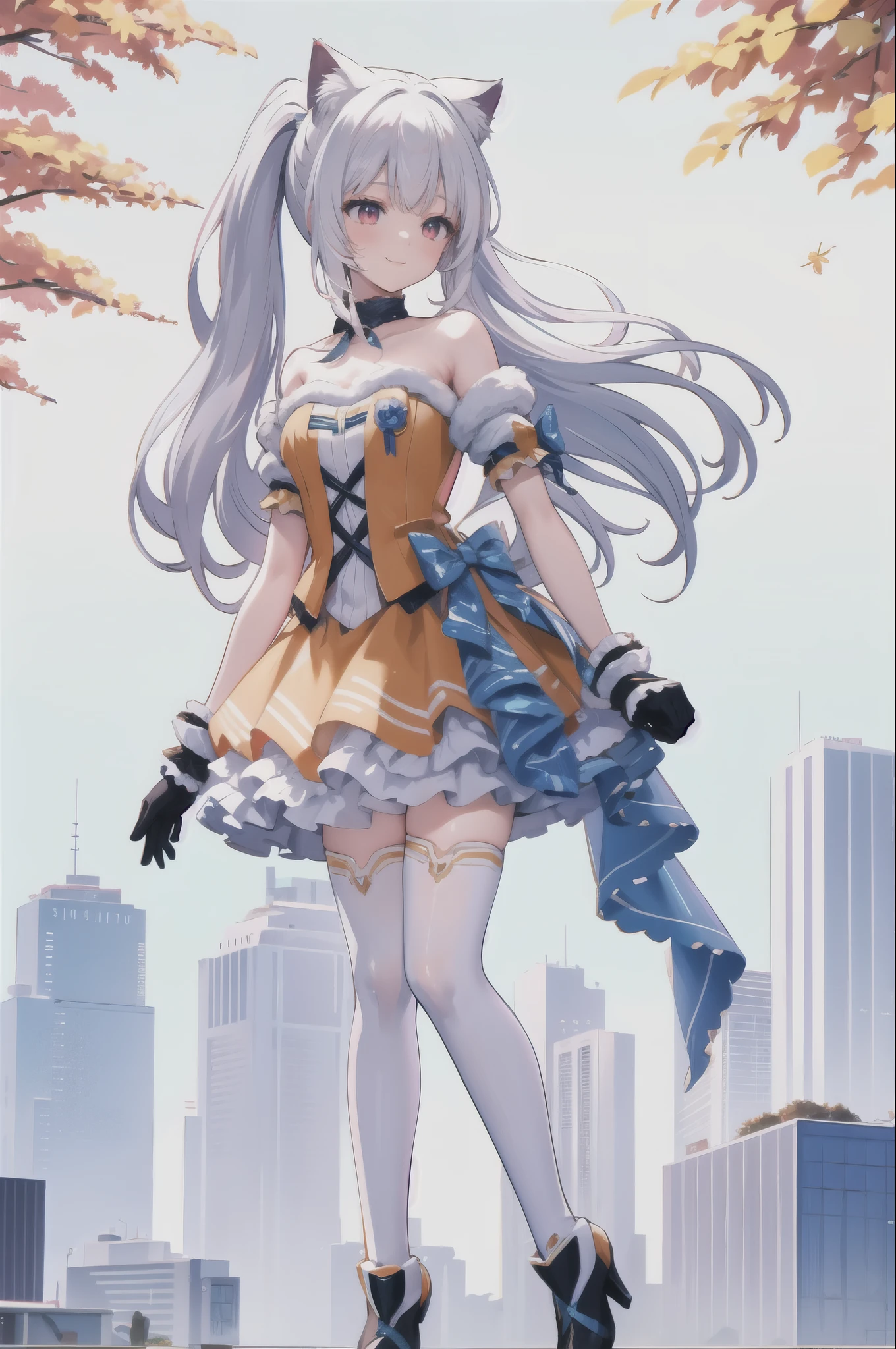 , masterpiece, best quality,shiny,chromatic aberration abuse,pastel color,cowboy shot, 
xxc, 1girl, solo,red eyes,cat ears,animal ears,(white hair,),ponytail, ,smile,standing,
strapless dress,bow, yellow dress,white thighhighs, high heels, blue ribbon,gloves,lake,autumn leaves, mountainous horizon,