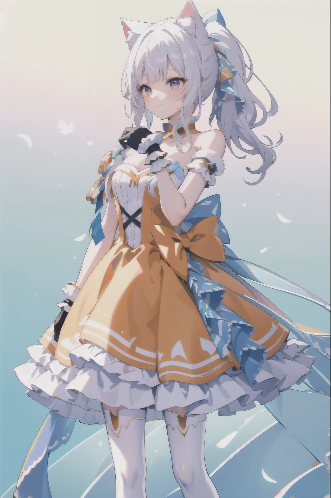 , masterpiece, best quality,shiny,chromatic aberration abuse,pastel color,cowboy shot, 
xxc, 1girl, solo,red eyes,cat ears,animal ears,(white hair,),ponytail, ,smile,standing,
strapless dress,bow, yellow dress,white thighhighs, high heels, blue ribbon,gloves,lake,autumn leaves, mountainous horizon,