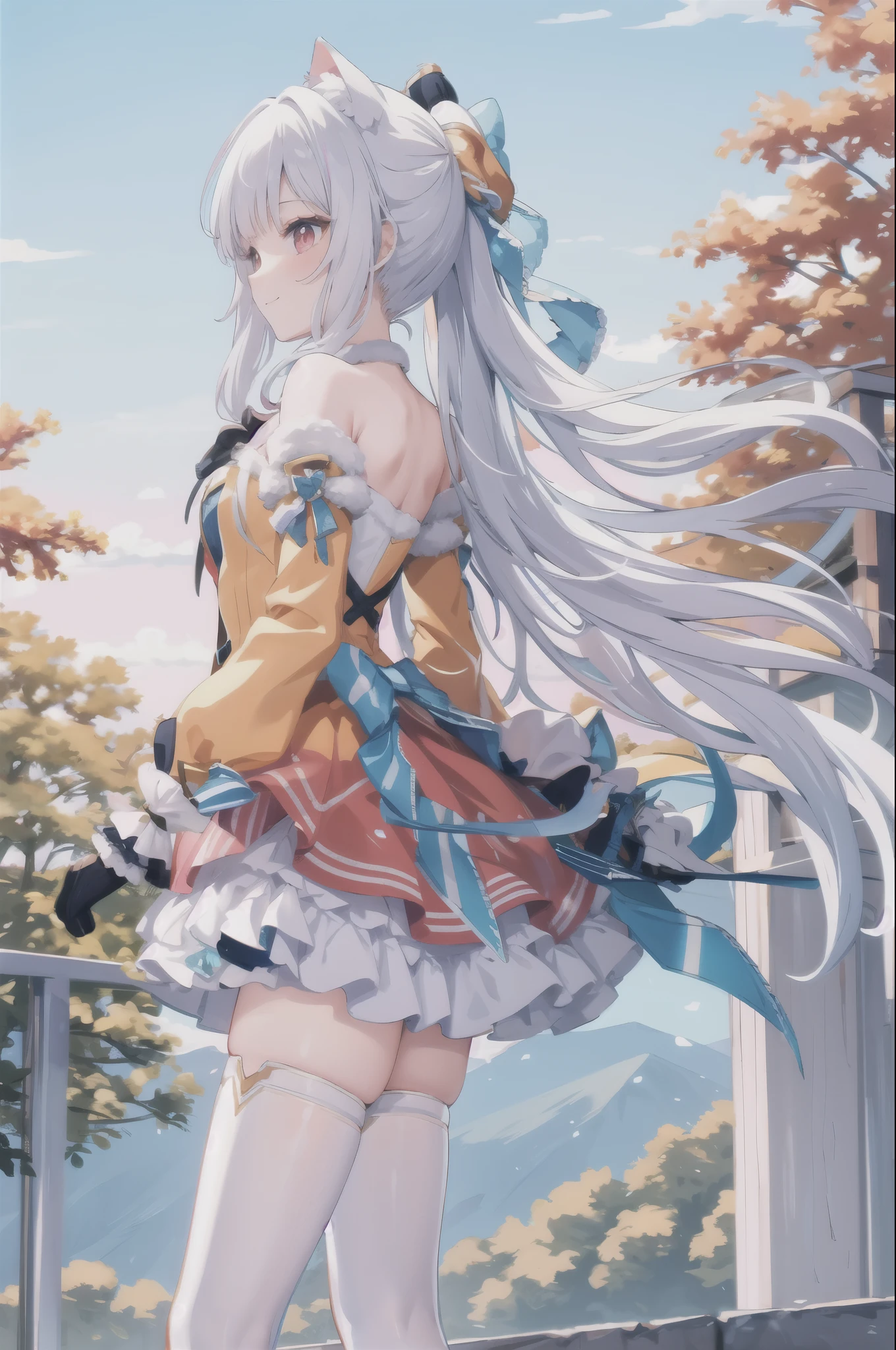 , masterpiece, best quality,shiny,chromatic aberration abuse,pastel color,cowboy shot, 
xxc, 1girl, solo,red eyes,cat ears,animal ears,(white hair,),ponytail, ,smile,standing,
strapless dress,bow, yellow dress,white thighhighs, high heels, blue ribbon,gloves,lake,autumn leaves, mountainous horizon,