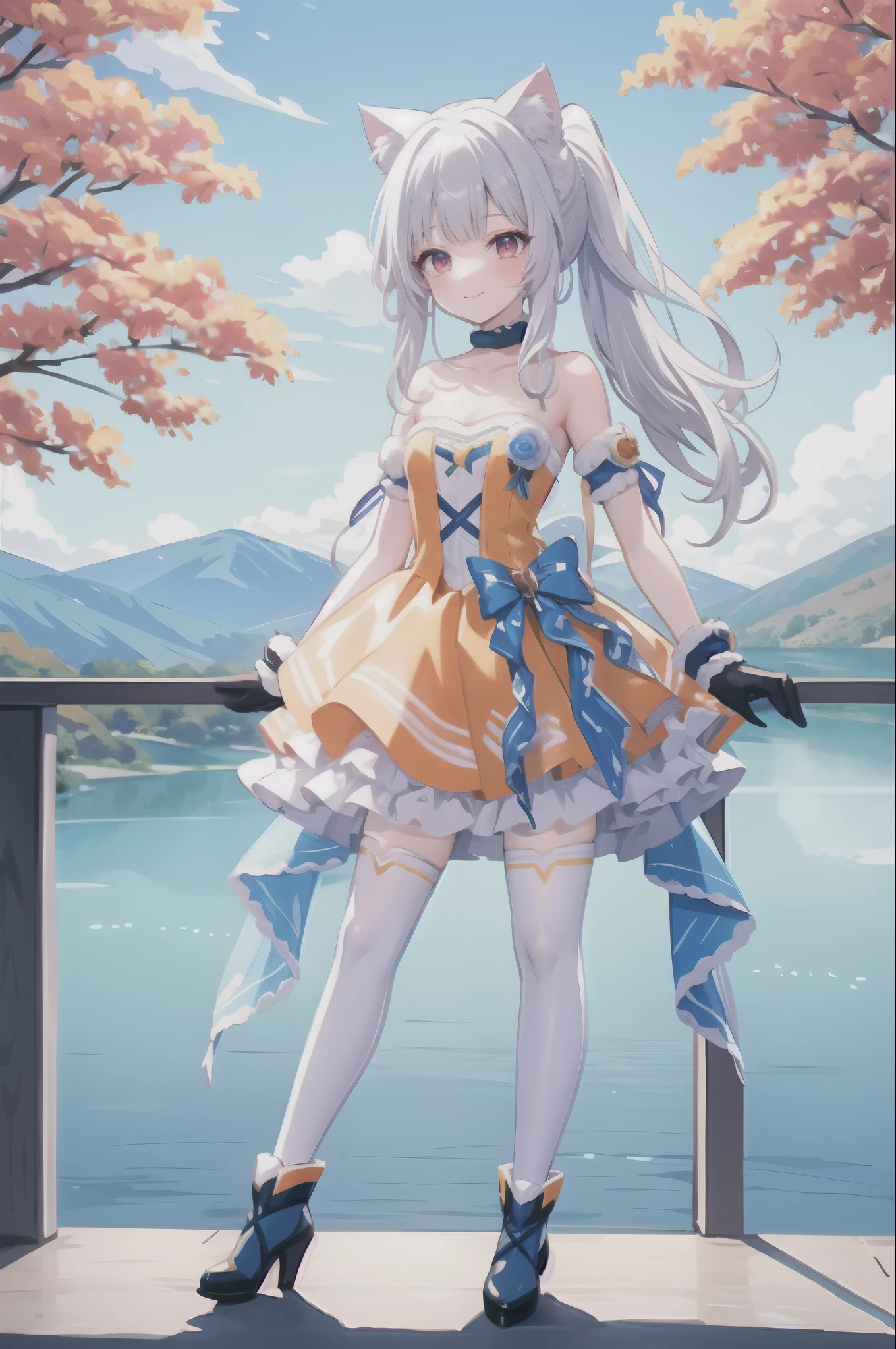 , masterpiece, best quality,shiny,chromatic aberration abuse,pastel color,cowboy shot, 
xxc, 1girl, solo,red eyes,cat ears,animal ears,(white hair,),ponytail, ,smile,standing,
strapless dress,bow, yellow dress,white thighhighs, high heels, blue ribbon,gloves,lake,autumn leaves, mountainous horizon,