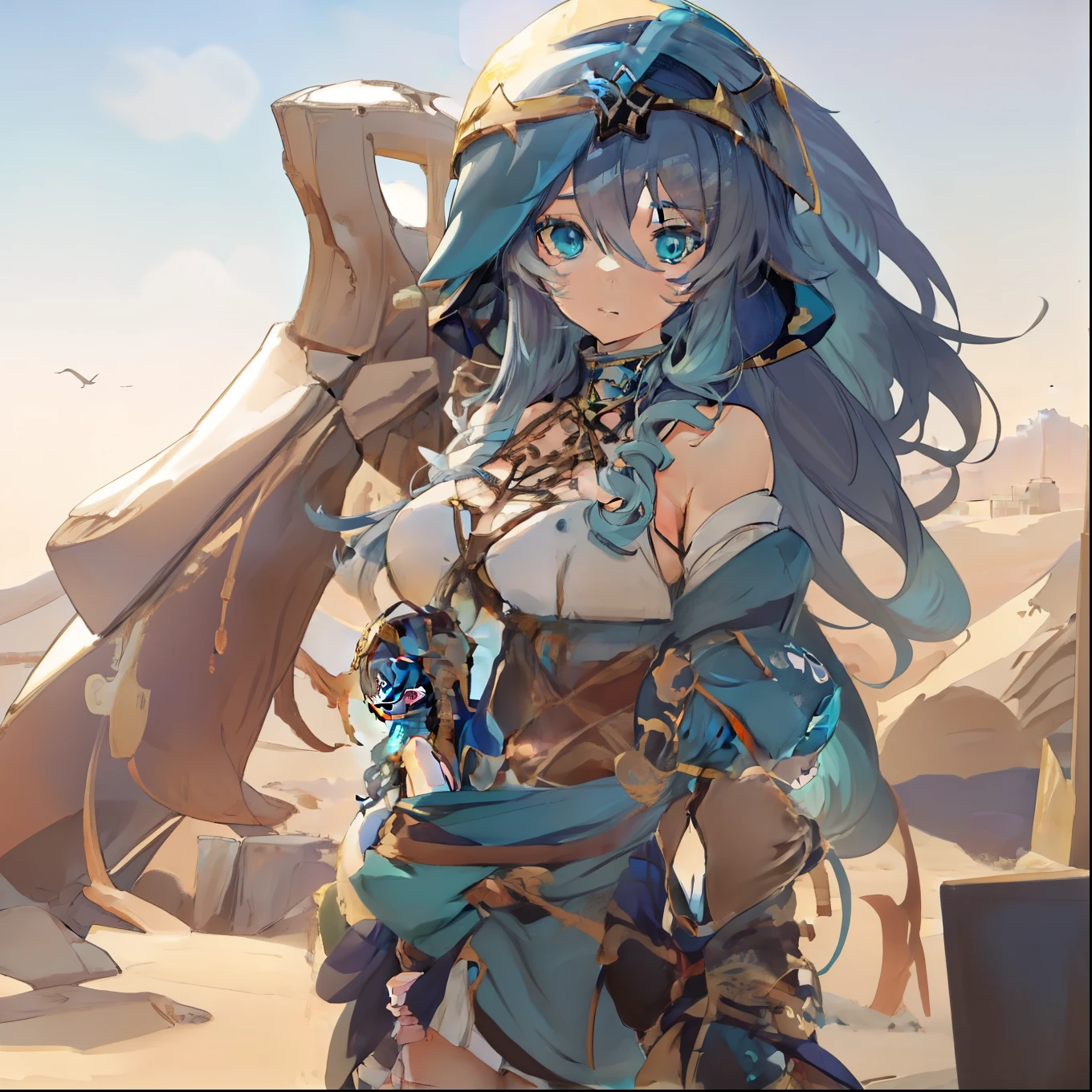 anime girl with blue hair and blue eyes in desert area, trending on artstation pixiv, extremely detailed artgerm, guweiz on pixiv artstation, guweiz on artstation pixiv, artgerm on artstation pixiv, detailed anime character art, anime girl with teal hair, artwork in the style of guweiz