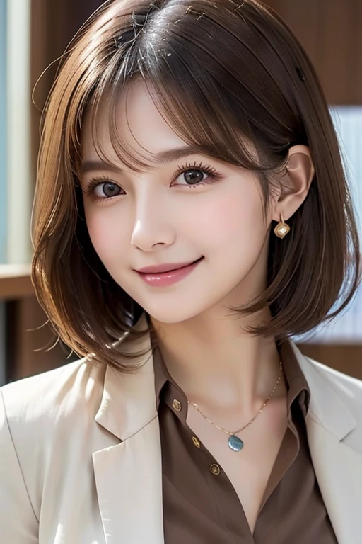 Beautiful young woman、 Intricate details, short hair、Wavy Hair、Ear Piercing、Closed Mouth Smile、、Brown Hair、 (Front View, ), Clear Beauty, (High quality fabric, Office Lady Suits 、jacket、Unbuttoned shirt、A necklace around the neck、 The background is the office