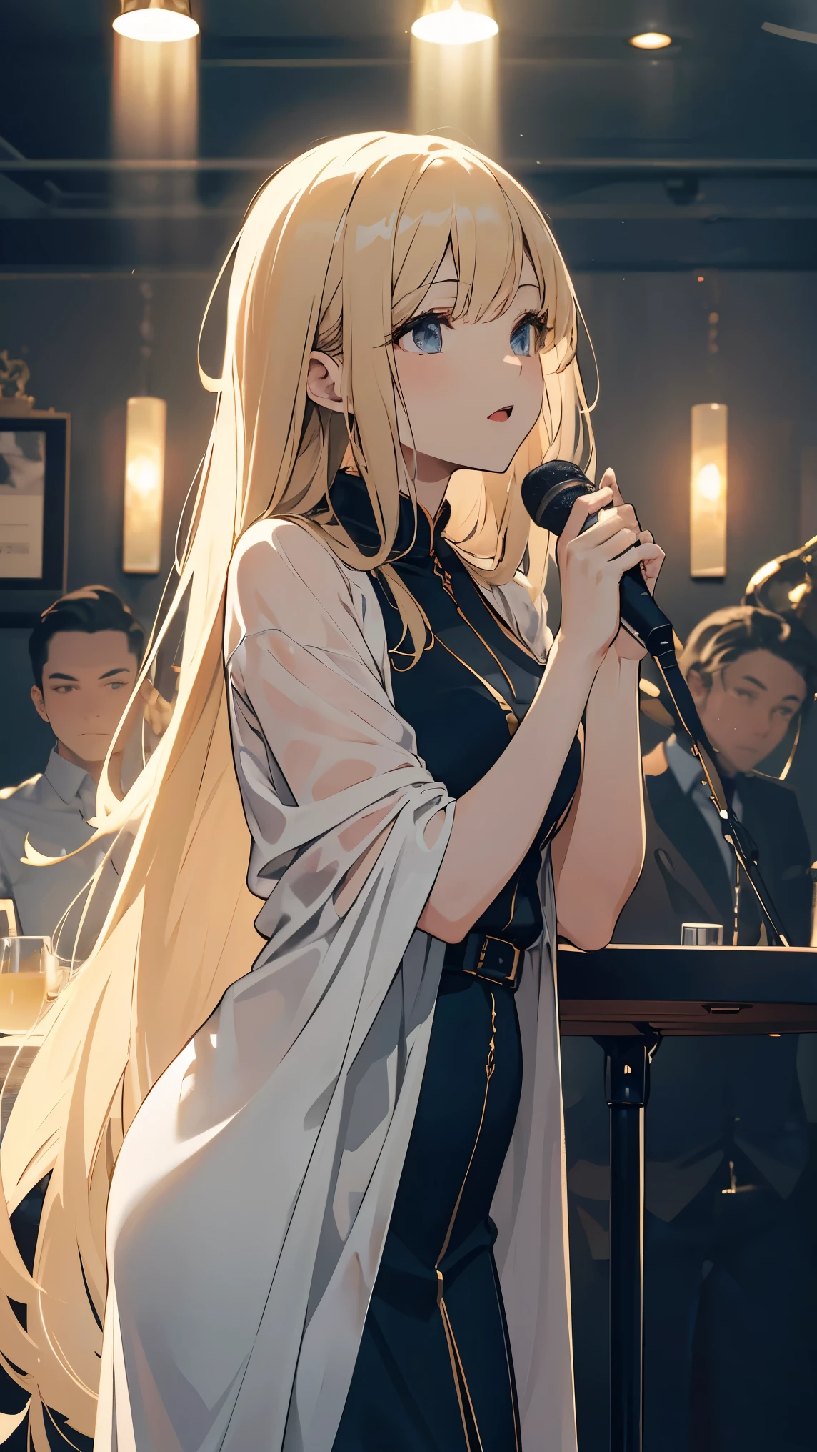 ((best quality)), ((masterpiece)), (detailed), perfect face, high detailed eyes, A scene in a sophisticated night lounge featuring a jazz singer, a blonde woman, dressed in an elegant, dark blue, floor-length gown. She stands on a small stage with dim, warm lighting, holding a vintage microphone, while a jazz band plays softly in the background. The lounge is filled with round tables and plush velvet chairs, with guests enjoying cocktails. The atmosphere is moody and intimate, with a smoky haze and low, ambient light. The singer has a charismatic expression as she sings, embodying the spirit of classic jazz in a luxurious setting