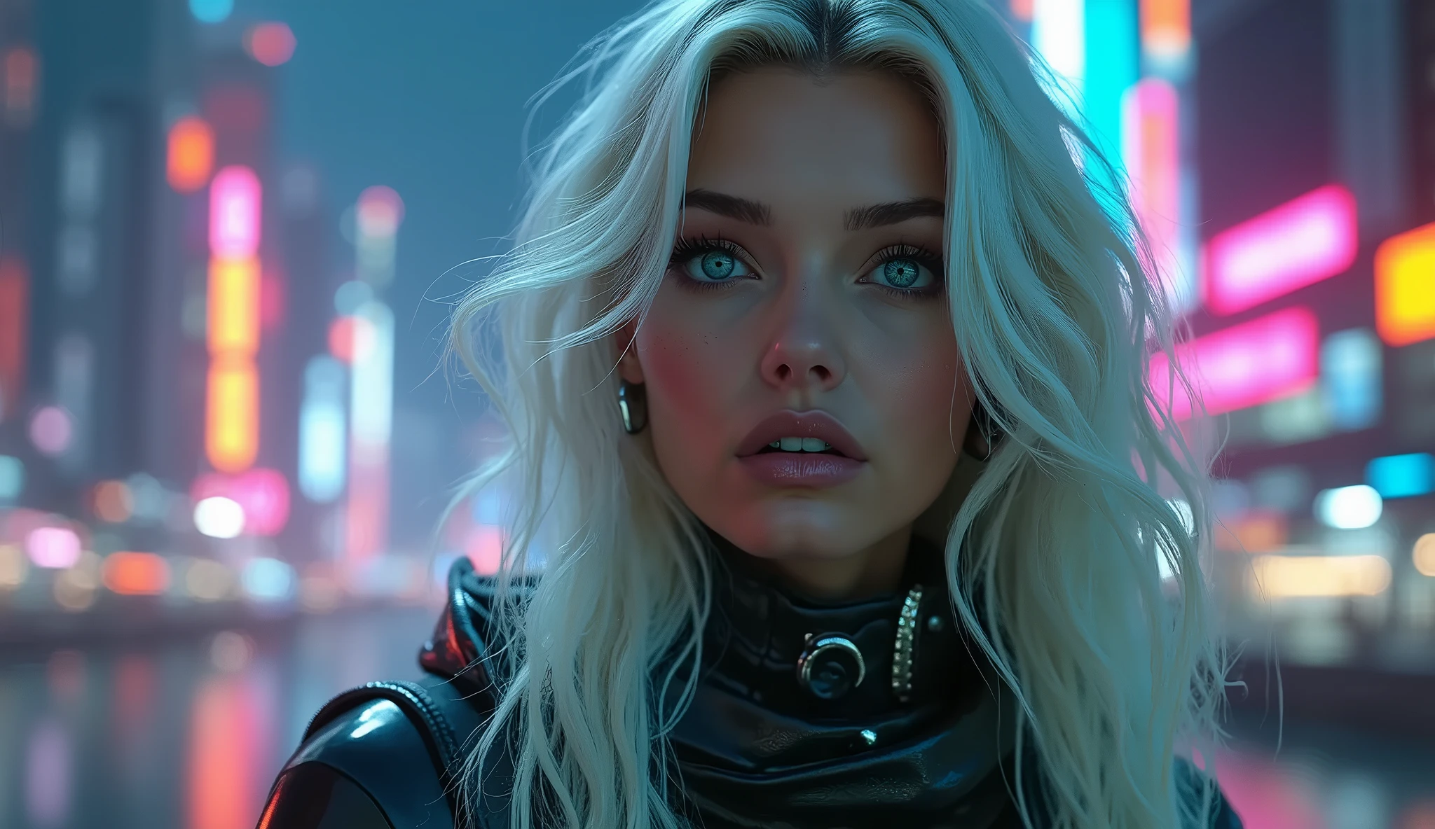 Close-up, foto crua de Daenerys Targaryen, Cidade Cyberpunk movimentada com placas de neon, altamente detalhada, arts station, liso, foco nítido, 8k, trending in instagram, Trending on Tumblr, HDR 4K, 8k