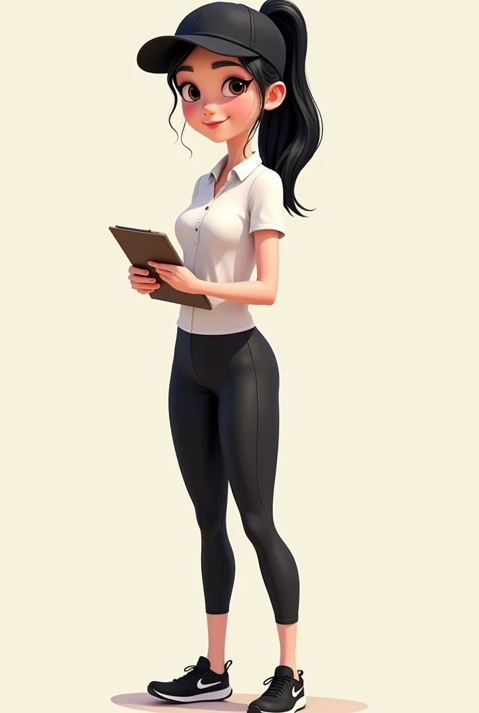 Disney Pixar style drawing thin white teacher with black hair with a ponytail hairstyle on her head a black cap she is wearing a white sleeved shirt and black leggings and black Nike sneakers