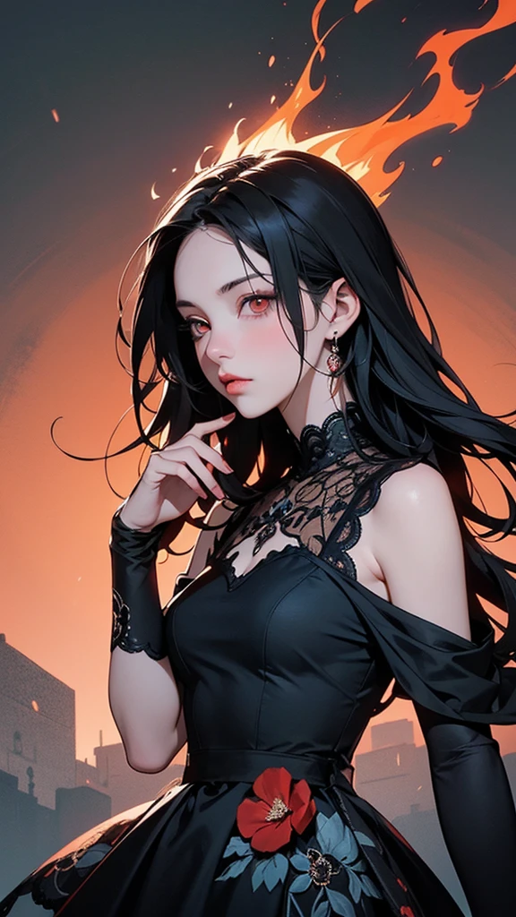 (((long strands of hair in front of face, hair strands between eyes))) (best quality, masterpiece, colorful, dynamic angle, highest detailed) (official art, extreme detailed, highest detailed) (long straight black hair, hair covering face, pale skin, dark makeup, red eyes that do not glow) serious expression, extremely long straight dark hair, small breasts, tired eyes, wearing pelvic curtain, black clothes, chains, bracelets all over arms, hair in front of face, (((very slender body, petite))), haughty expression, bored, revealing clothing, chain mail bikini, visible thong straps, very long hair, hair in front of face, albedow, face covered by hair, hair between eyes,