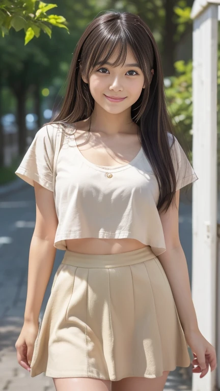 (10、RAW Photos、Best Quality、masterpiece:1.2)、(Realistic, Realistic:1.4)、Very detailed、Ultra-high resolution、Cute Japanese College Girl、lightweight,、Light summer clothing、Tight beige mini skirt、Photo-Like Skin Texture、Medium Hair、An innocent smile、: : About 155cm、Front、Warm colors、whole body、I see your knees、Small Bust、I can see your chest