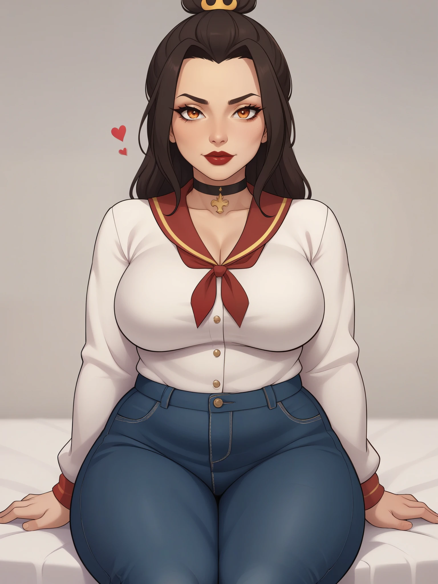 Azula. (a beautiful, young, fair-skinned, amber-eyed and bbw girl of medium height. Azula's makeup consists of mascara and red lipstick. Azula also has wavy dark brown hair down to the middle of her back with two additional strands above her shoulders. choker. school uniform. jeans. cardigan. bbw. heart. sitting. school