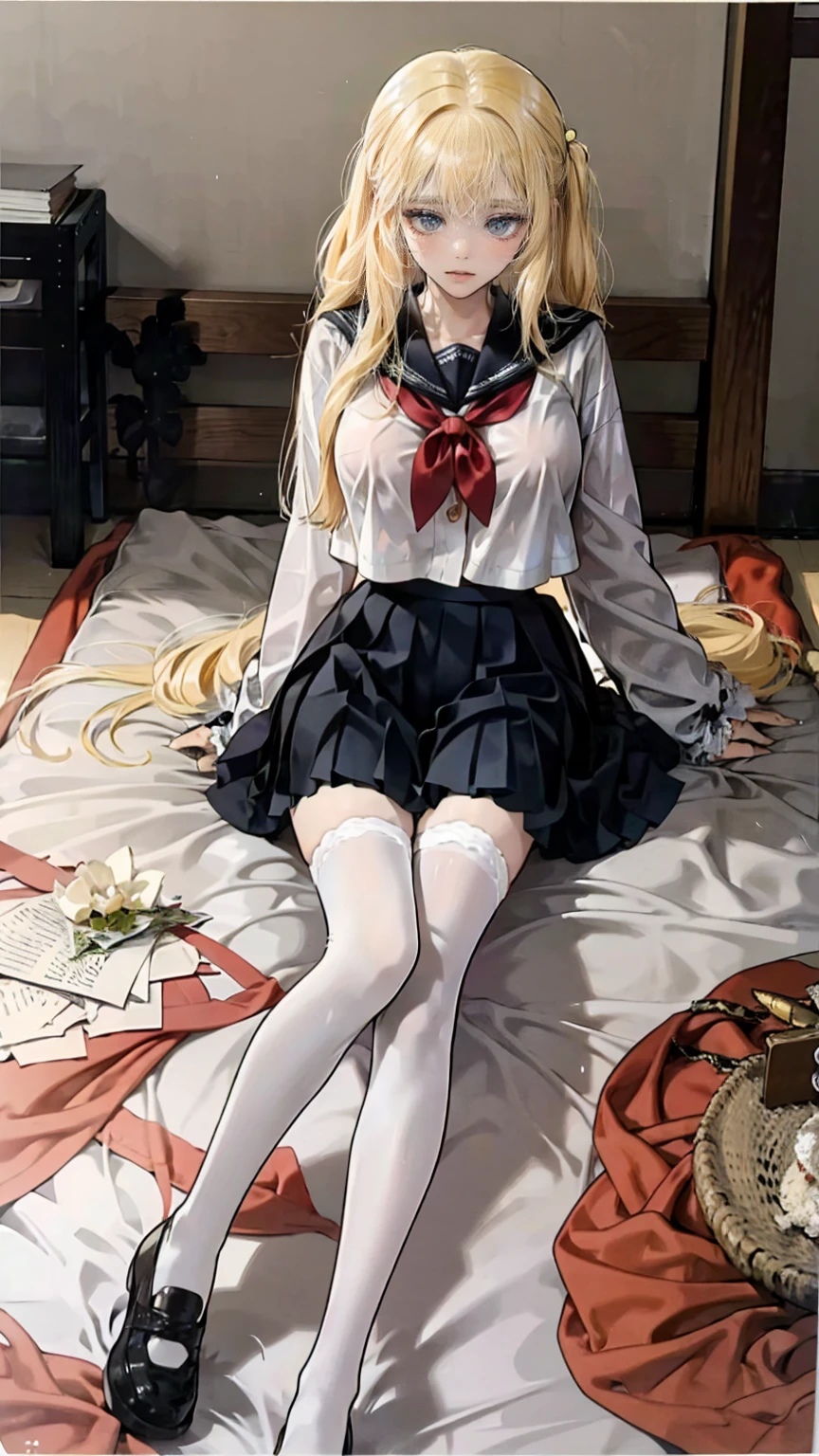 (masterpiece, highest quality:1.2), alone, 1 girl, kotonoha akane, smile, looking at the viewer, hair ribbon, black dress, removed sleeve, wide sleeve, bare shoulders, (((spread legs onbed))),(((vaginal,sex))),(((cum in pussy))),(((from above))), (((lying on bed))),(((white bed sheet))),(((lie on the pillow))),(((perfect anatomy))),(masterpiece:1.0),(Highest_quality:1.0),detailed,highly detailed,ultra detailed,extremely detailed CG,super high resolution,4k,super detailed, photograph,high resolution,8K,HDR,Highly detailed CG Unity 8k wallpaper,super detailed skin,detailed beautiful eyes,detailed beautiful face,detailed beautiful face and eyes,very detailed background,perfect,lighting,colorful, bright_front_face_lighting,shiny skin,(highly detailed background),looking at the viewer,(Focus on her face), solo, upper body, looking at viewer, upper angle, (blond), perfect quality, good quality, masterpiece, HDR, UHD missionary position,masterpiece,best quality,detailed,highly detailed,ultra detailed,extremely detailed CG,high resolution,8K,super detailed skin, ((detailed beautiful eyes)),detailed beautiful face,detailed beautiful face and eyes,very detailed background,highly detailed background,(front view),(((super big breasts))),looking at viewer,The girl's breasts aren't exposed at all., You can clearly see that she has very large breasts.,((kawaii)),((orgasm face)),