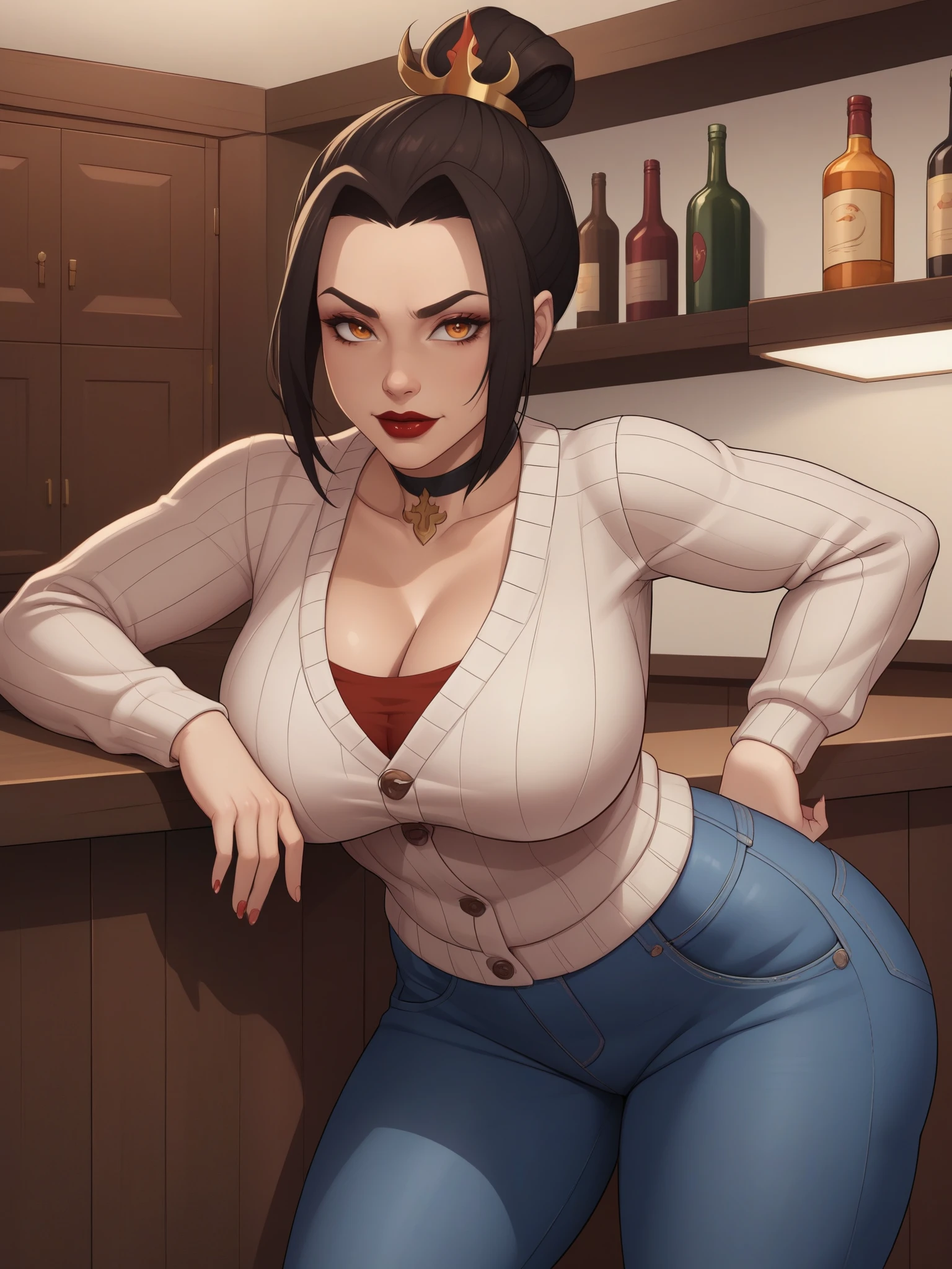 Azula. (a beautiful, young, fair-skinned, amber-eyed and medium height. Azula's makeup consists of mascara and red lipstick. Azula also has wavy dark brown hair down to the middle of her back with two additional strands above her shoulders. choker. jeans. cardigan. bbw. bar. leaning forward