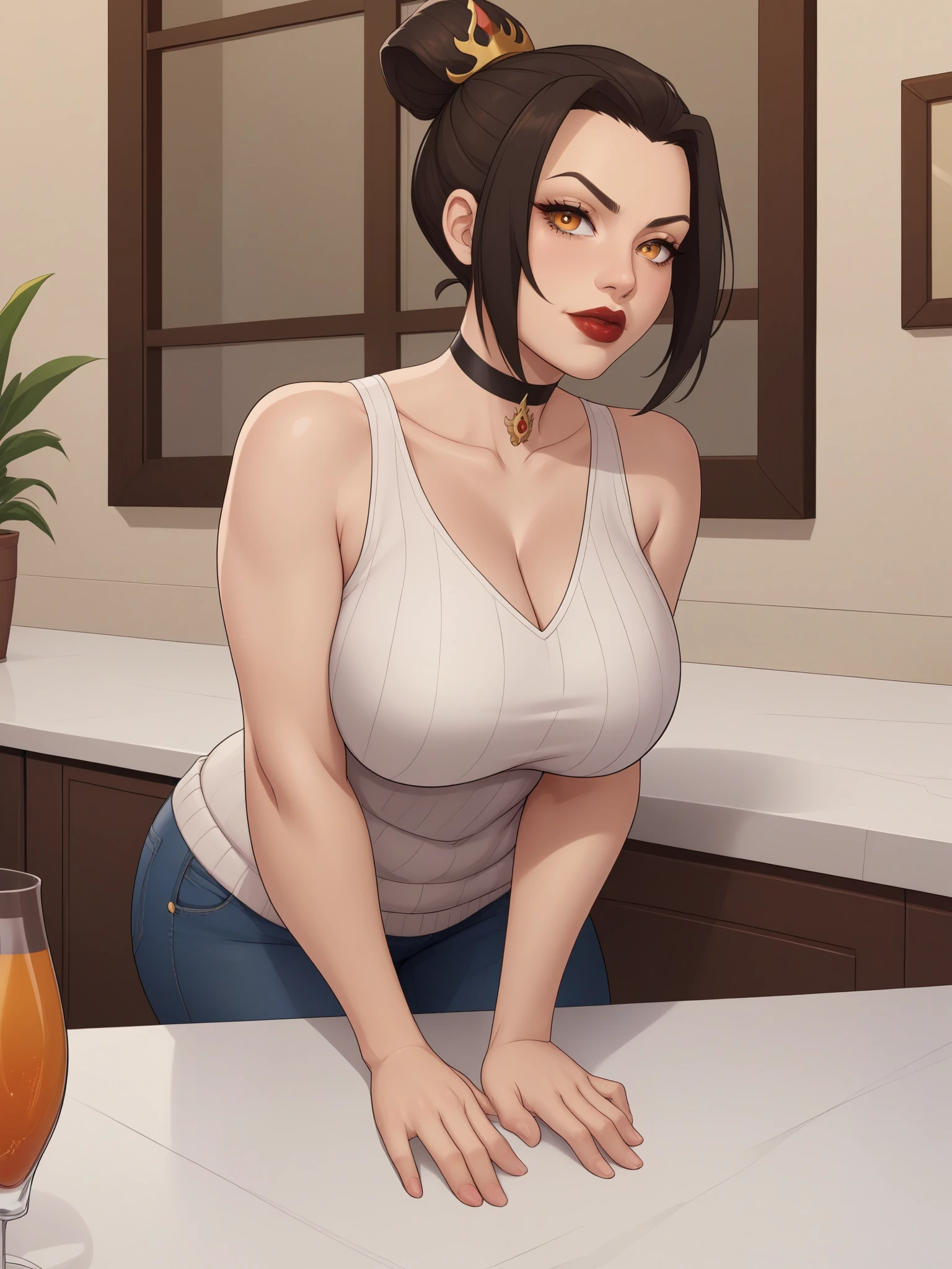 Azula. (a beautiful, young, fair-skinned, amber-eyed and medium height. Azula's makeup consists of mascara and red lipstick. Azula also has wavy dark brown hair down to the middle of her back with two additional strands above her shoulders. choker. jeans. cardigan. bbw. bar. leaning forward