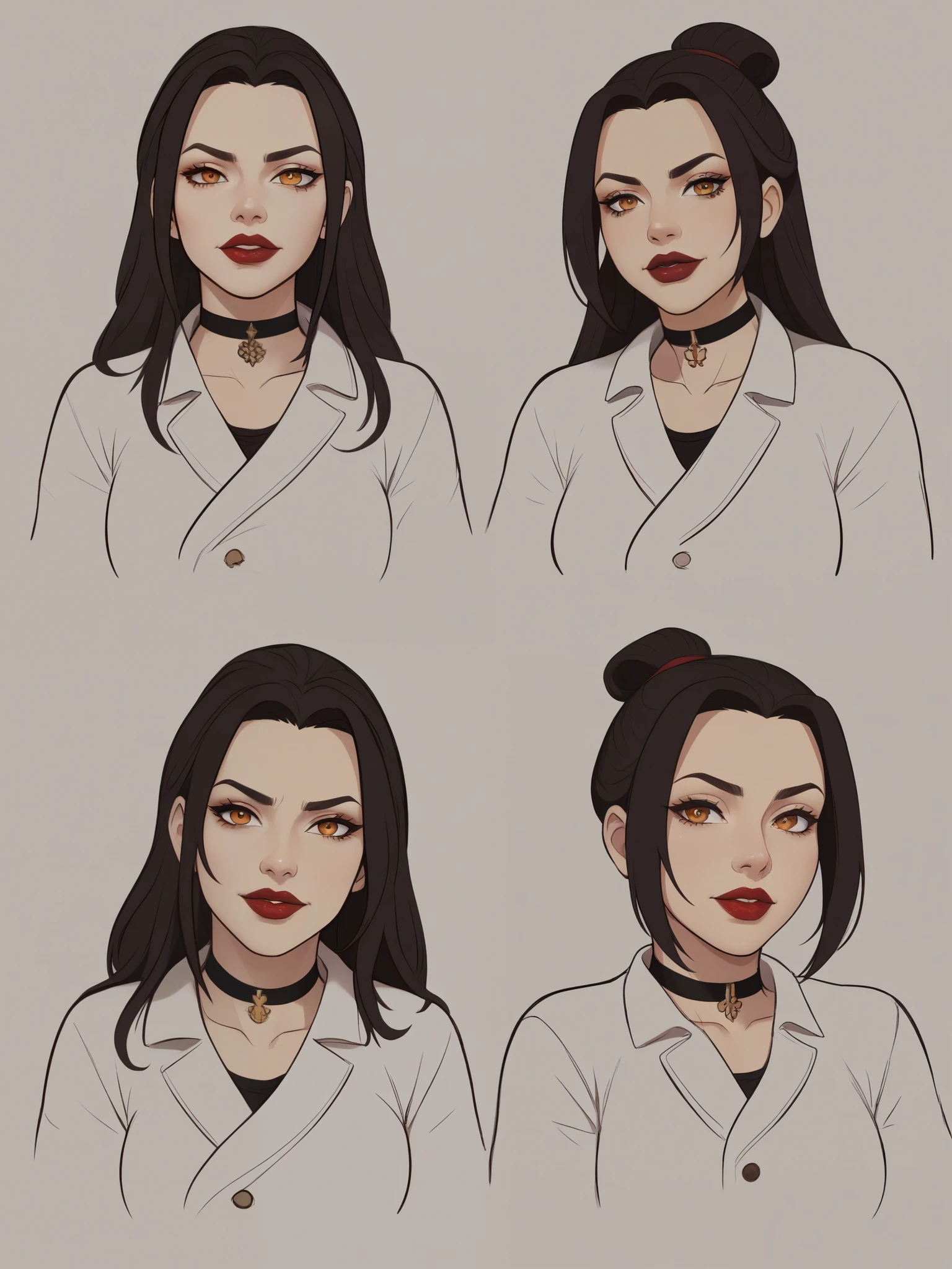 Azula. (a beautiful, young, fair-skinned, amber-eyed and medium height. Azula's makeup consists of mascara and red lipstick. Azula also has wavy dark brown hair down to the middle of her back with two additional strands above her shoulders. choker. jeans. cardigan. bbw. bar. leaning forward