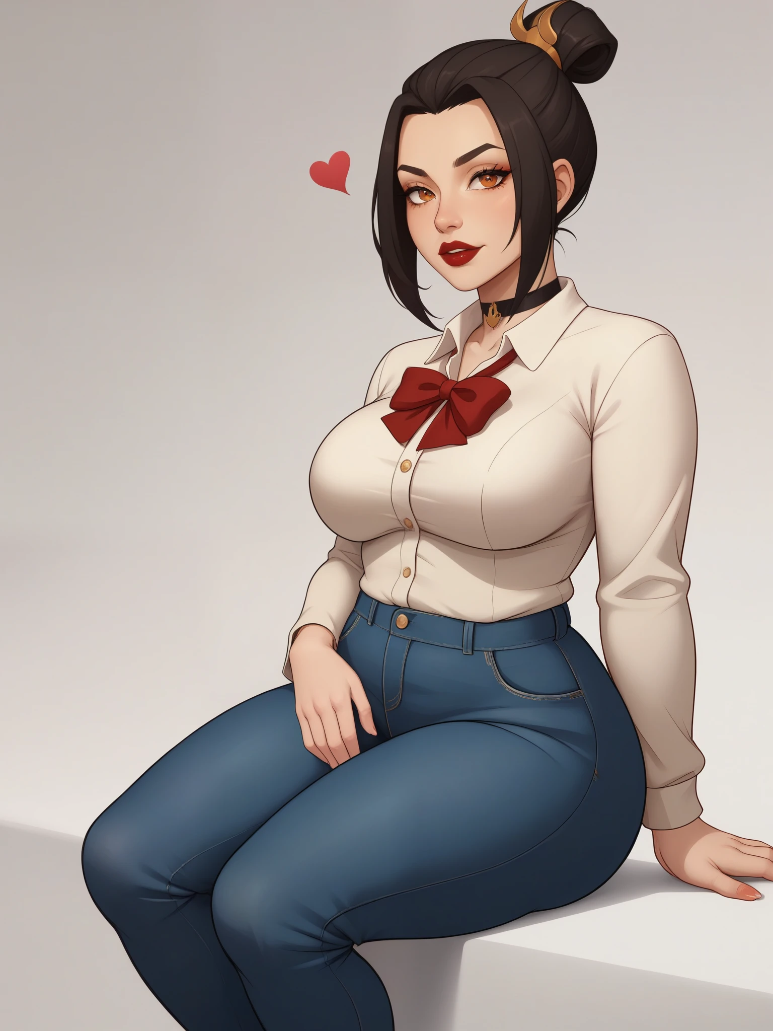 Azula. (a beautiful, young, fair-skinned, amber-eyed and bbw girl of medium height. Azula's makeup consists of mascara and red lipstick. Azula also has wavy dark brown hair down to the middle of her back with two additional strands above her shoulders. choker. school uniform. jeans. cardigan. bbw. heart. sitting. school