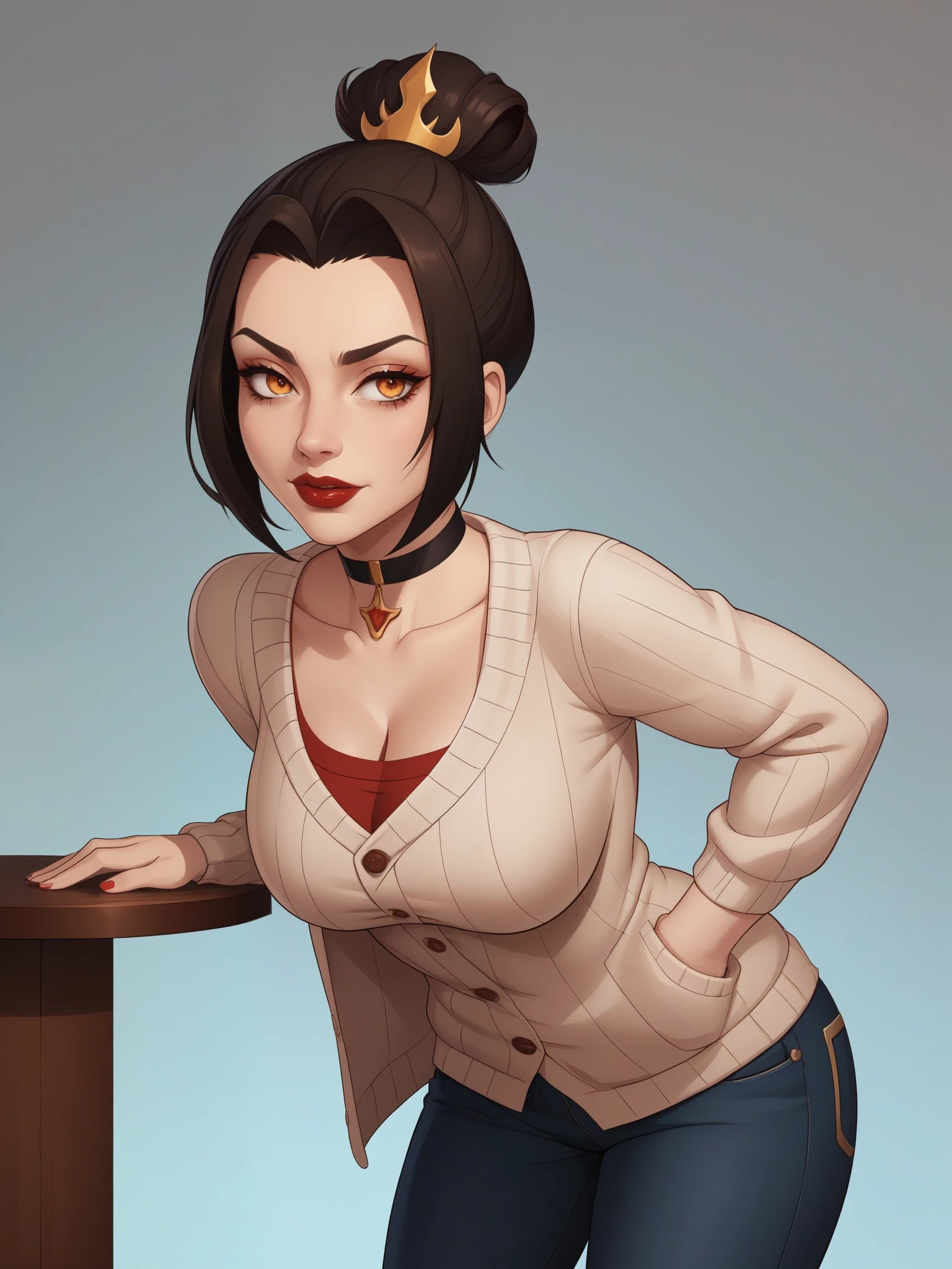 Azula. (a beautiful, young, fair-skinned, amber-eyed and medium height. Azula's makeup consists of mascara and red lipstick. Azula also has wavy dark brown hair down to the middle of her back with two additional strands above her shoulders. choker. jeans. cardigan. bbw. bar. leaning forward