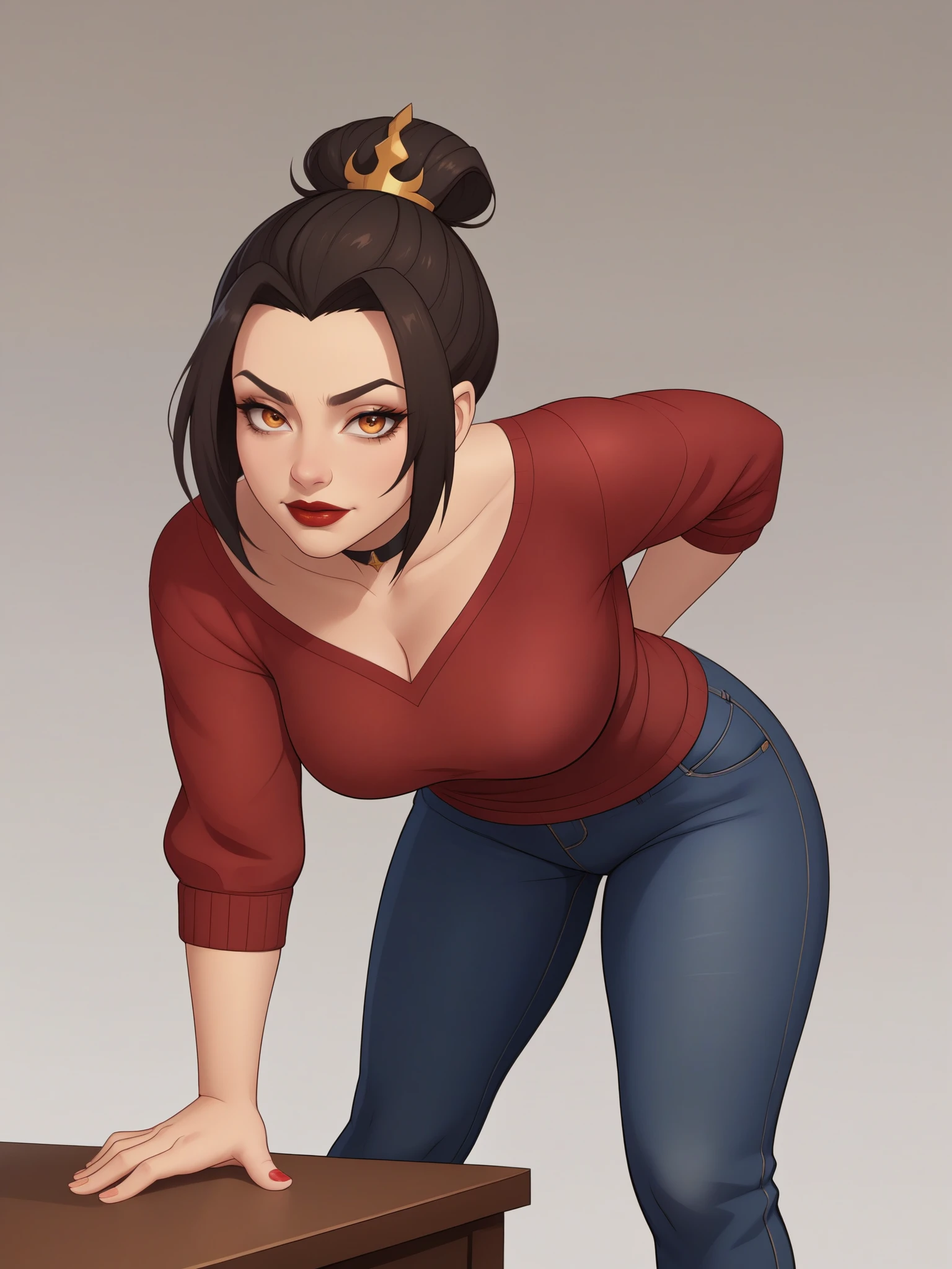 Azula. (a beautiful, young, fair-skinned, amber-eyed and medium height. Azula's makeup consists of mascara and red lipstick. Azula also has wavy dark brown hair down to the middle of her back with two additional strands above her shoulders. choker. jeans. cardigan. bbw. bar. leaning forward