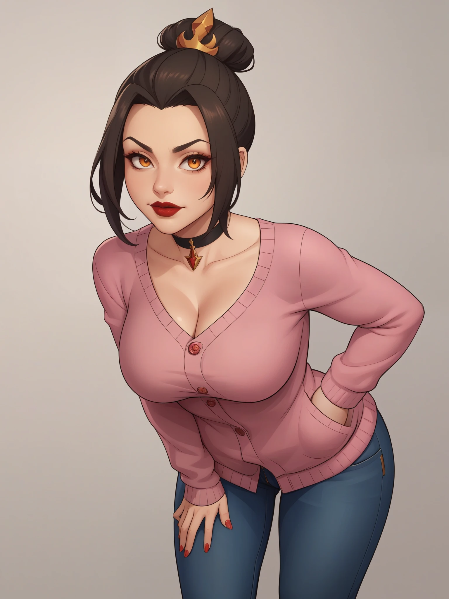 Azula. (a beautiful, young, fair-skinned, amber-eyed and medium height. Azula's makeup consists of mascara and red lipstick. Azula also has wavy dark brown hair down to the middle of her back with two additional strands above her shoulders. choker. jeans. cardigan. bbw. bar. leaning forward