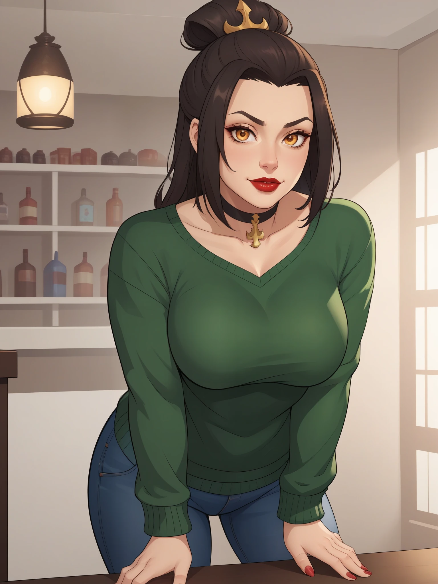 Azula. (a beautiful, young, fair-skinned, amber-eyed and medium height. Azula's makeup consists of mascara and red lipstick. Azula also has wavy dark brown hair down to the middle of her back with two additional strands above her shoulders. choker. jeans. cardigan. bbw. bar. leaning forward