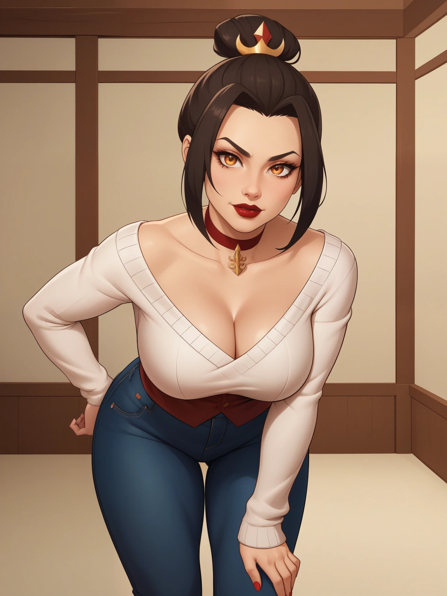 Azula. (a beautiful, young, fair-skinned, amber-eyed and medium height. Azula's makeup consists of mascara and red lipstick. Azula also has wavy dark brown hair down to the middle of her back with two additional strands above her shoulders. choker. jeans. cardigan. bbw. bar. leaning forward