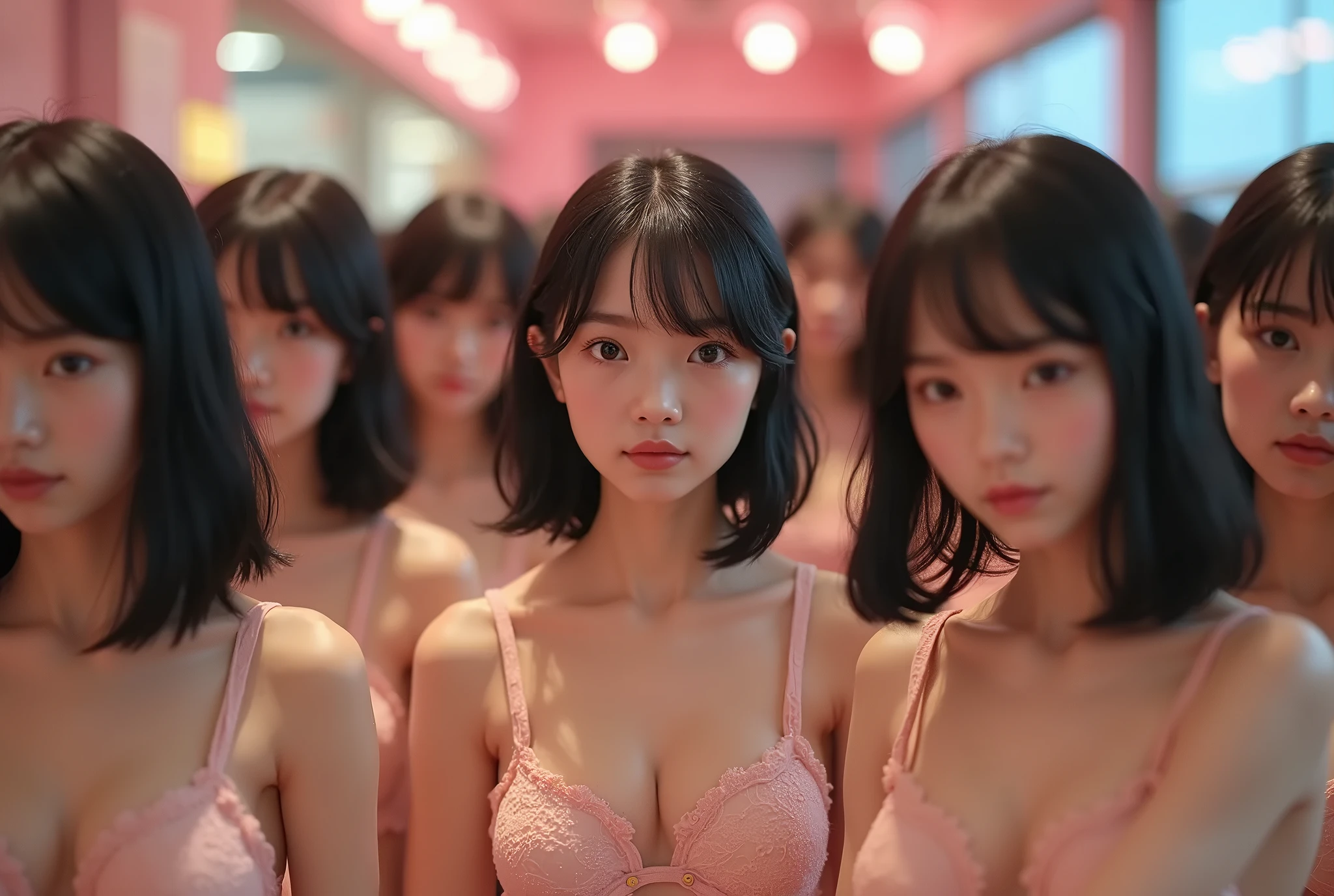 (Assfocus, Through wall, Glory wall pose:1.2), SchoolGirls wearing uniforms with white Thongs, Red ribbon, Glistening ivory skin, name plate, no legwear . Different types of hair colors, (((NOGIZAKA face variations)))  Extremely Detailed very KAWAII face variations, perfect anatomy, Childish, captivating gaze, elaborate detailed Eyes with (sparkling highlights:1.2), long eyelashes、Glossy RED Lips with beautiful details, Coquettish tongue, Rosy cheeks . { (Dynamic joyful expressions) | :d) }, Random eye color, (large eyes:-1), (Acutance:0.85) . Assfocus