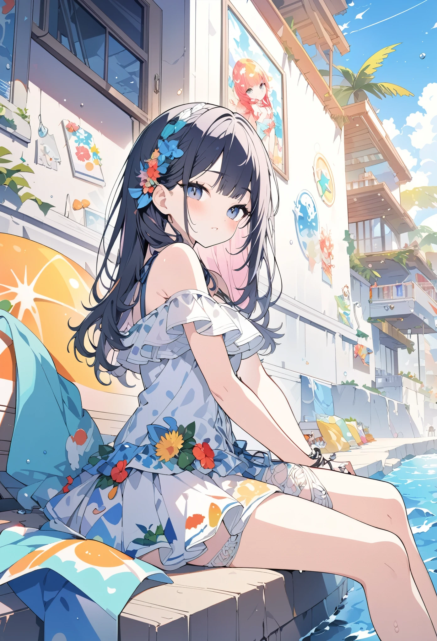 Momoko Sakura Style、8K quality、Intense watercolor,, Watercolor splash, Surreal, Avant-garde pop art, Beautiful and expressive paintings, Beautiful artwork illustration, Very colorful tones, wonderful, Cool Beauty, Highest quality、Official Art, Vector art, Stylish design, (((The most beautiful girl))), ((Thin legs))、(((Highest quality))), High resolution, ((detailed)), (((Doodle Art)), ((masterpiece)), ((Super detailed)),(((Stylish summer fashion))),(((Sitting))),((Sexual))