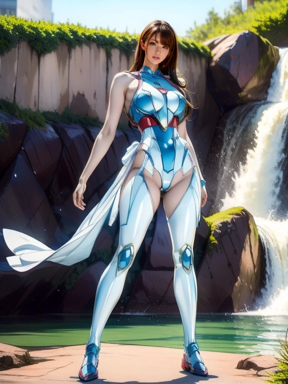 Full Body Shot, Very detailed, The costume colors were inspired by Gundam.、8k, Actual Photos, impressive lighting, Dynamic action poses, Great energy effect, White and sky blue color palette, Simple costume design, advanced technology, Heroic and powerful, With a large waterfall in the background、standing。