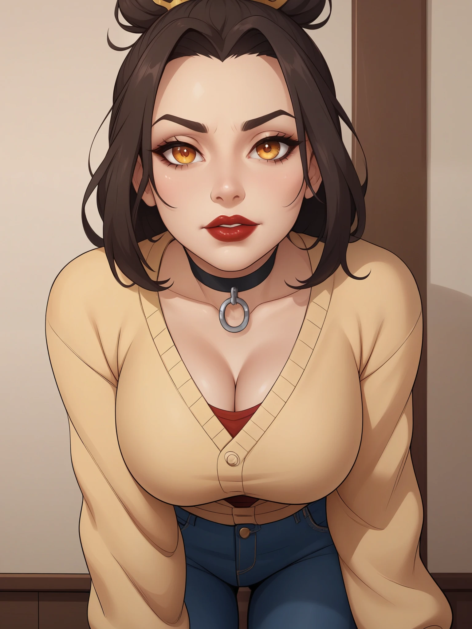 Azula. (a beautiful, young, fair-skinned, amber-eyed and medium height. Azula's makeup consists of mascara and red lipstick. Azula also has wavy dark brown hair down to the middle of her back with two additional strands above her shoulders. choker. jeans. cardigan. bbw. bar. leaning forward