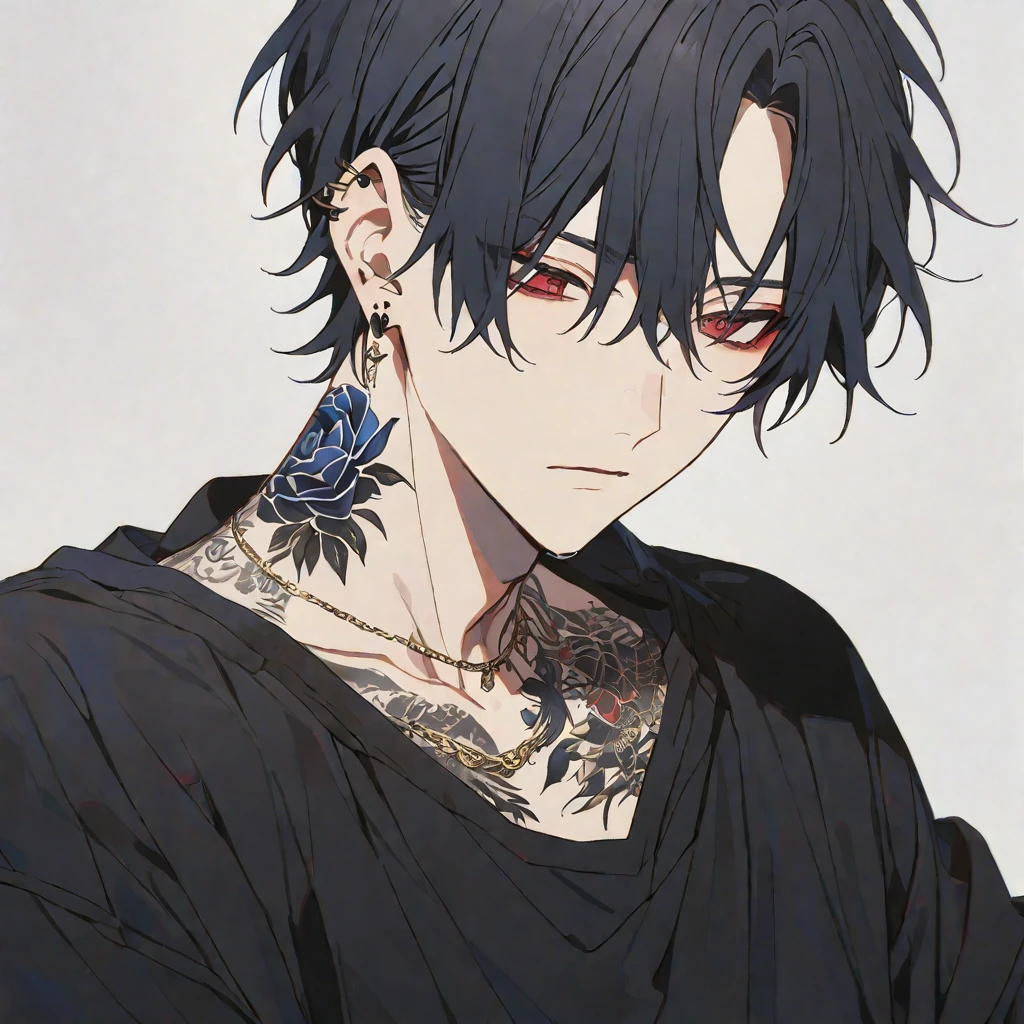 alone, 1 male, Black Hair, Red eyes, Black Shirt, ear piercing,Blue rose tattoo on neck,Gold Necklace