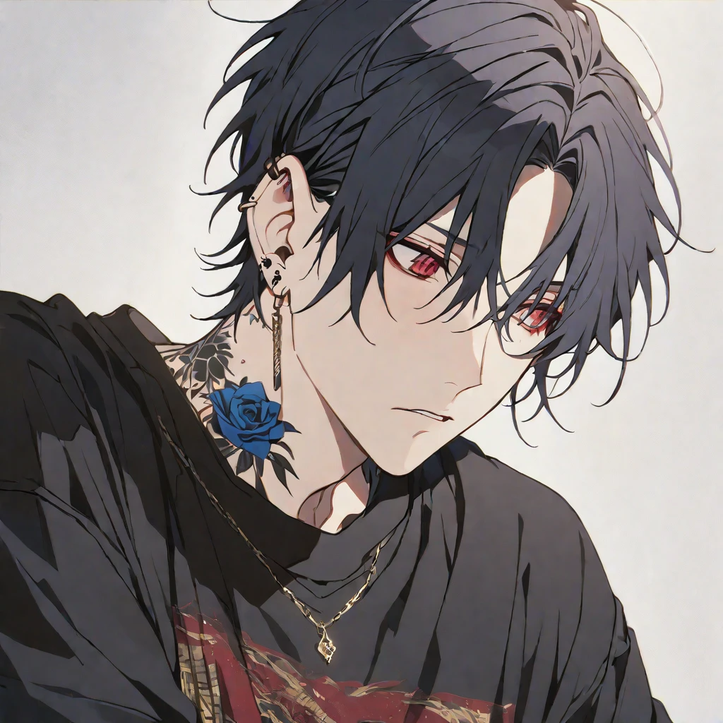 alone, 1 male, Black Hair, Red eyes, Black Shirt, ear piercing,Blue rose tattoo on neck,Gold Necklace